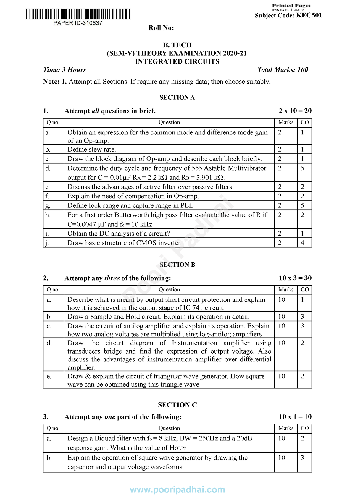 Integrated Circuits KEC501 - Subject Code: KEC Roll No: B. TECH (SEM-V ...