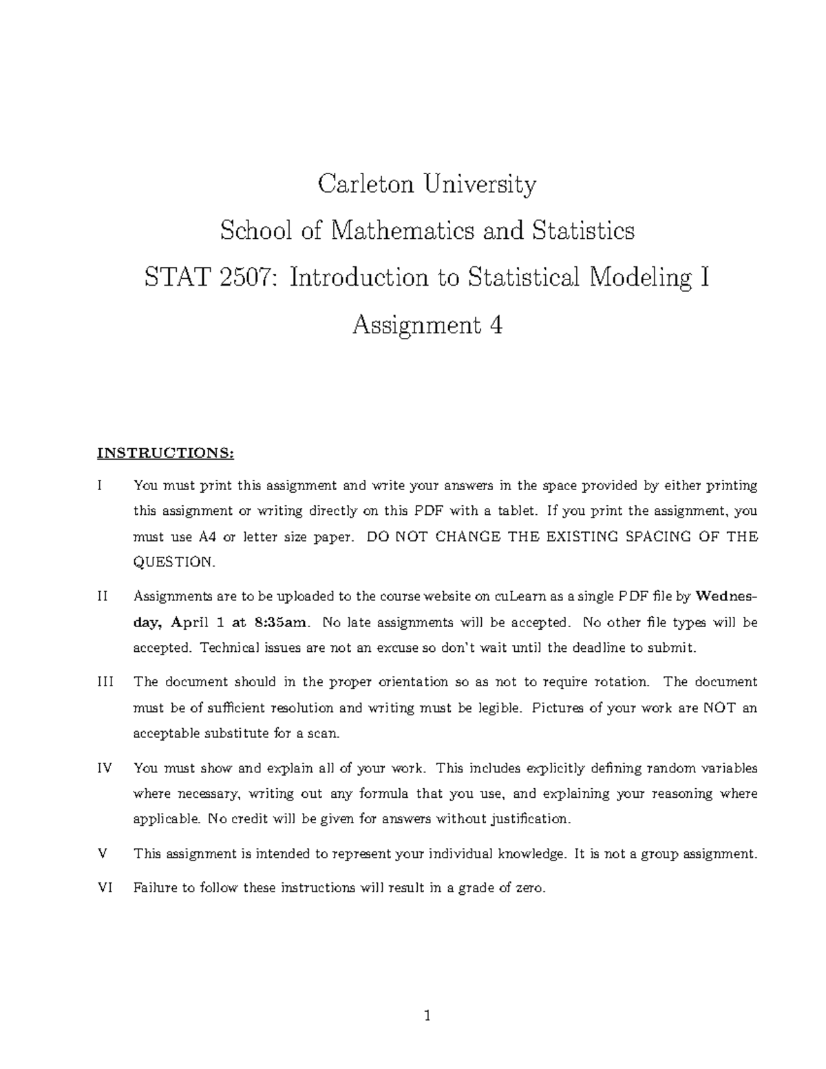 STAT 2507 Assignment 4 2020 Winter - Carleton University School of ...