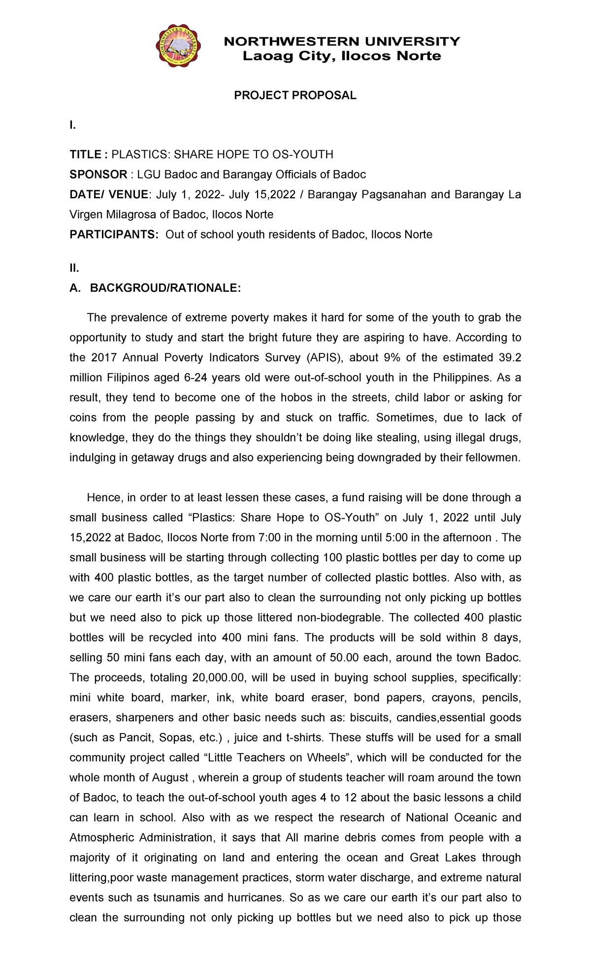 Fagarang, Alvin Klein L - PROJECT PROPOSAL I. TITLE : PLASTICS: SHARE ...