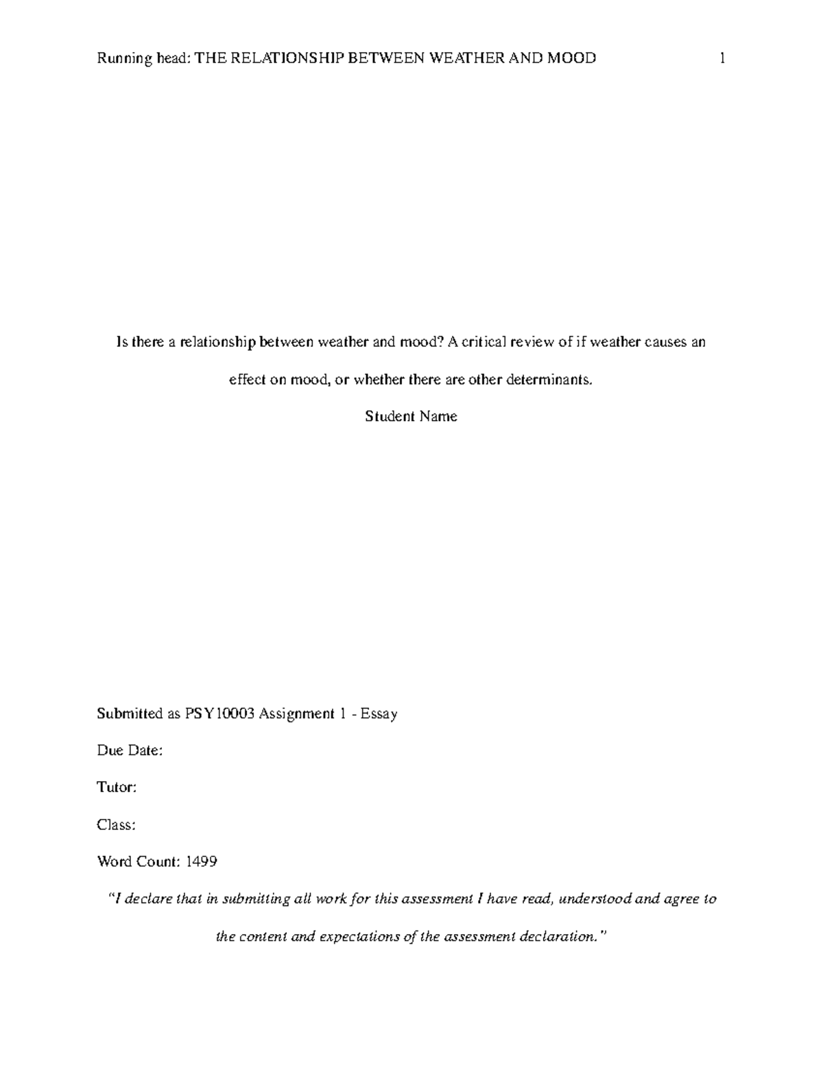 PSY10003+Essay+HD+example+1 - Running head: THE RELATIONSHIP BETWEEN ...