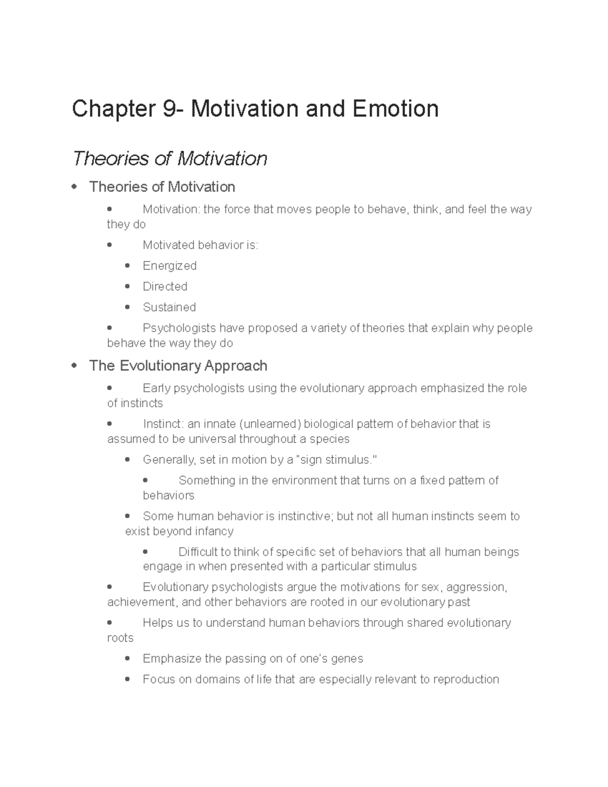 Chapter 9 Psych Notes - Chapter 9- Motivation And Emotion Theories Of ...