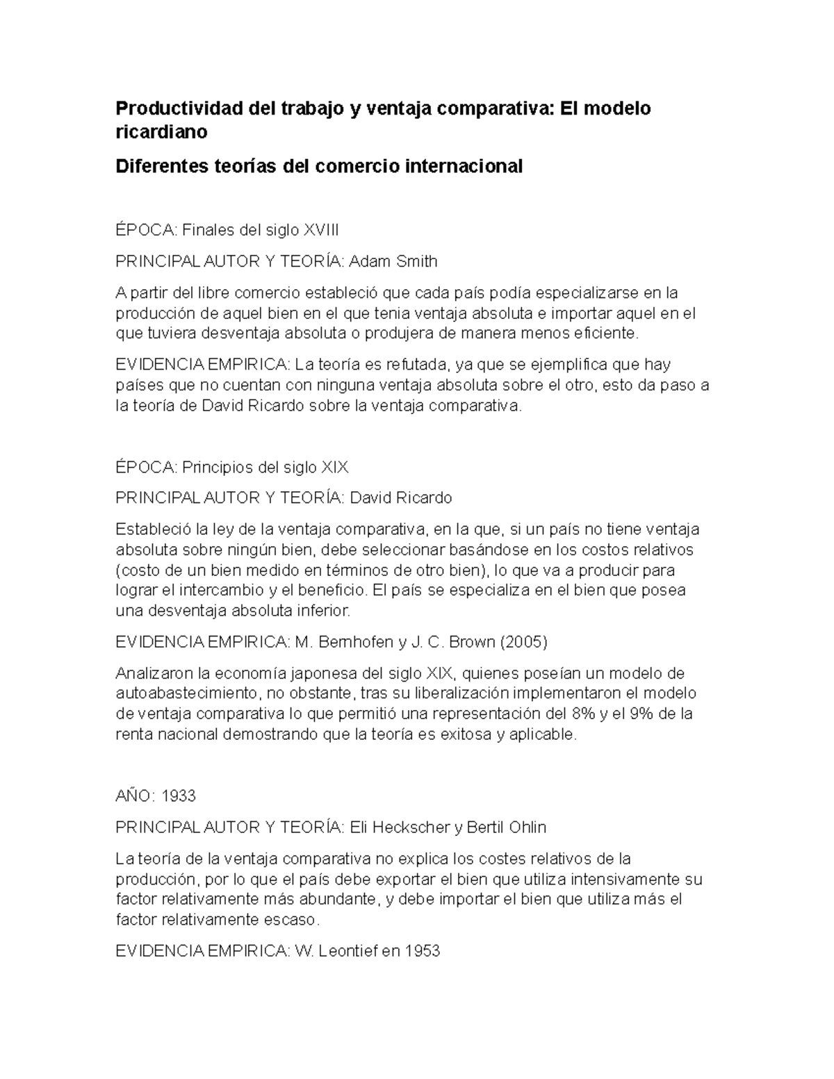 Productividad del trabajo y ventaja comparativa El modelo ricardiano -  EVIDENCIA EMPIRICA: La es - Studocu