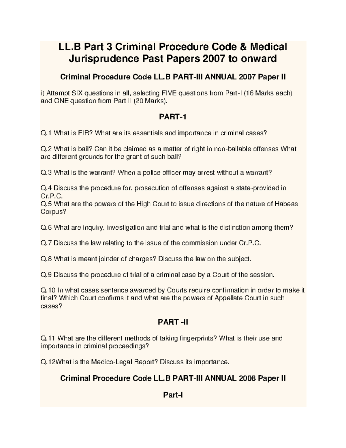 Past paper CRPC - LL Part 3 Criminal Procedure Code & Medical ...