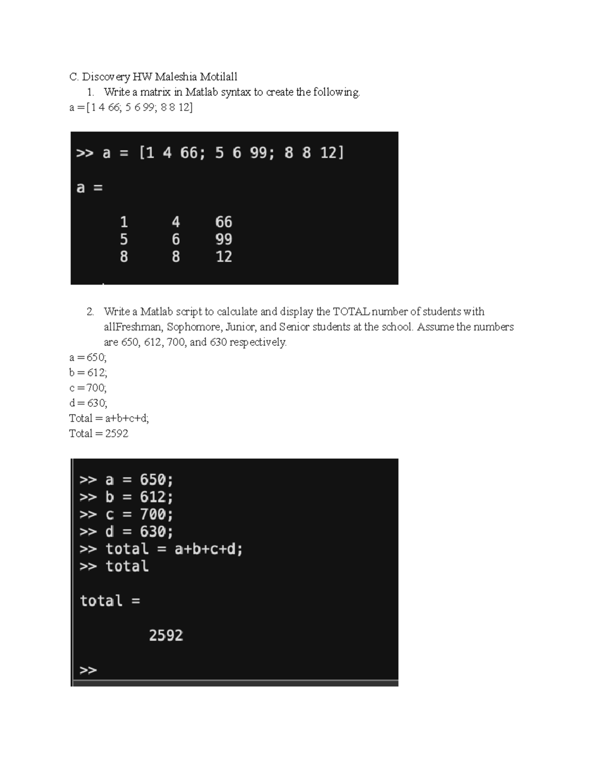 CD Matlab HW 4 - Prof. Pekcan - C. Discovery HW Maleshia Motilall 1 ...