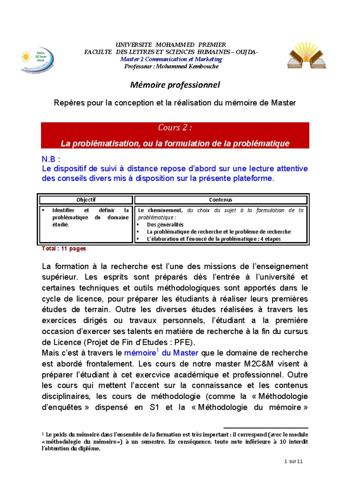 Cours 4 La Problématisation - UNIVERSITE MOHAMMED PREMIER FACULTE DES ...