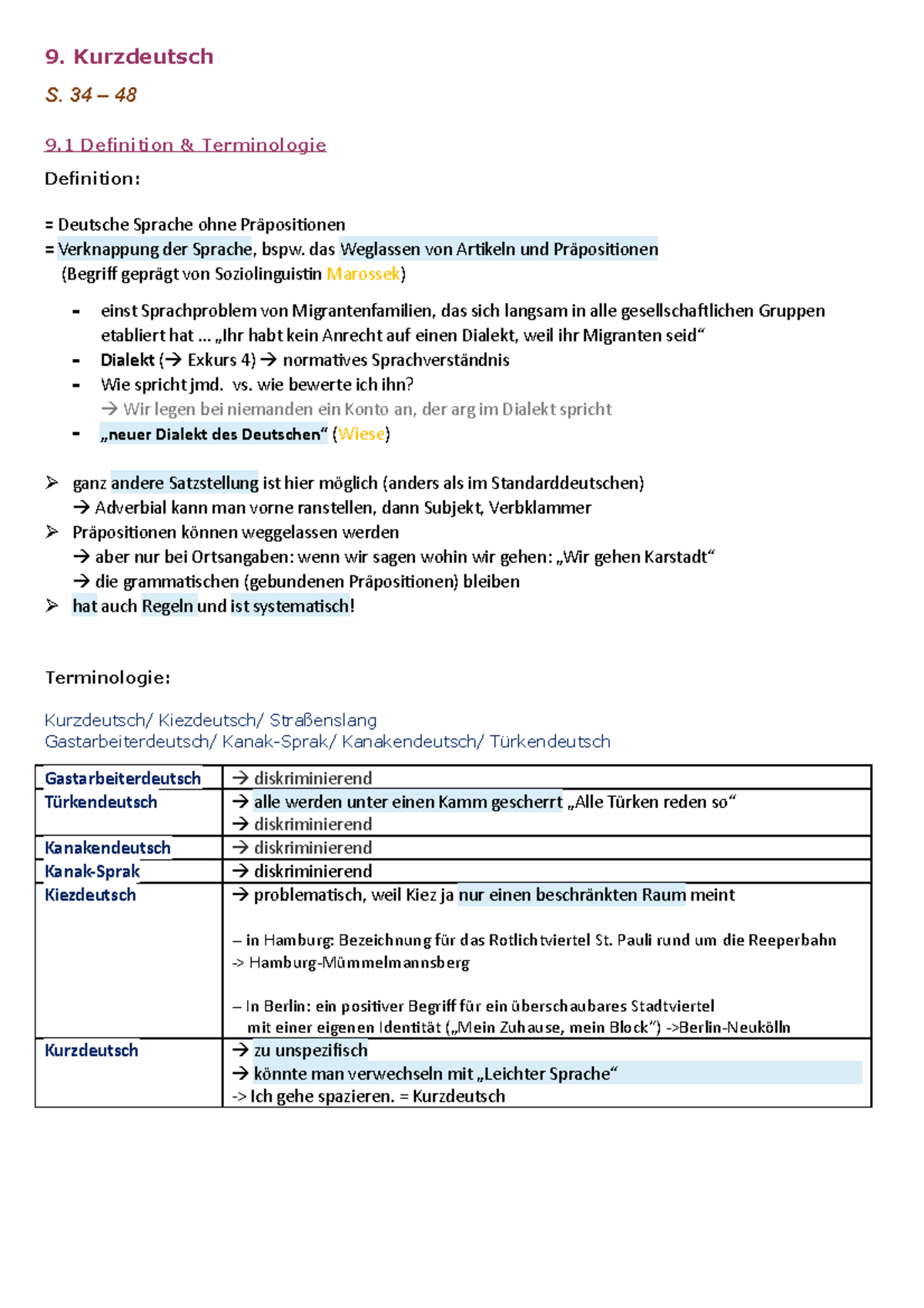 9. Kurzdeutsch 9. Kurzdeutsch S. 34 48 9 Definition & Terminologie