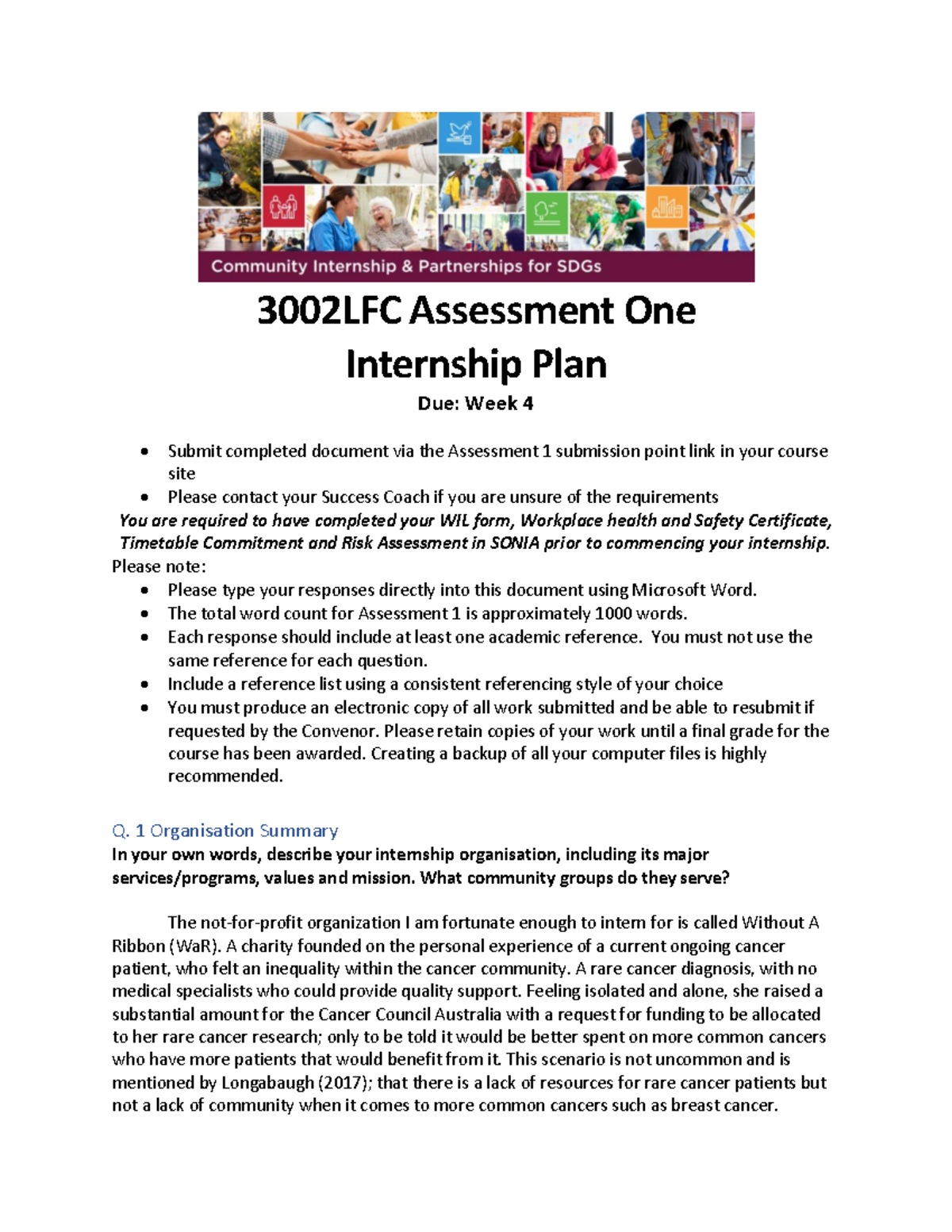 WAR Internship Plan - 3002LFC Assessment One Internship Plan Due: Week ...