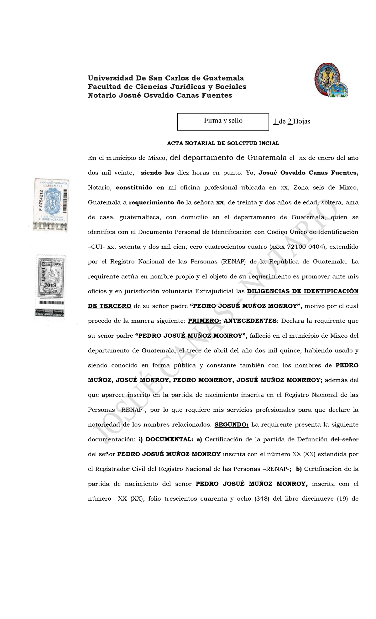 Acta Notarial De Requerimiento De Identifiación De Tercero Facultad De Ciencias JurÌdicas Y 8227