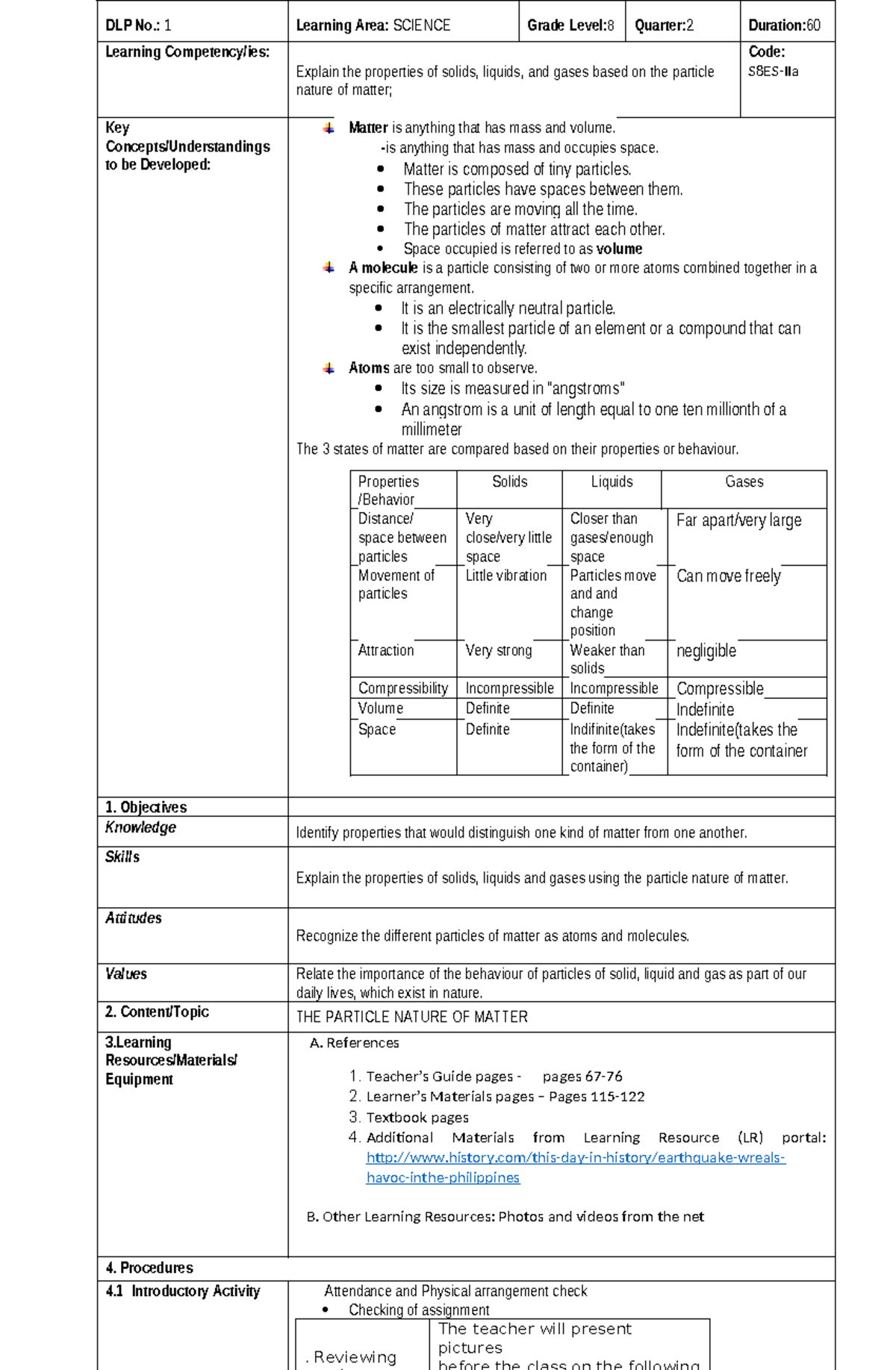 Dlp 1 - Dlp No.: 1 Learning Area: Science Grade Level: 8 Quarter: 2 