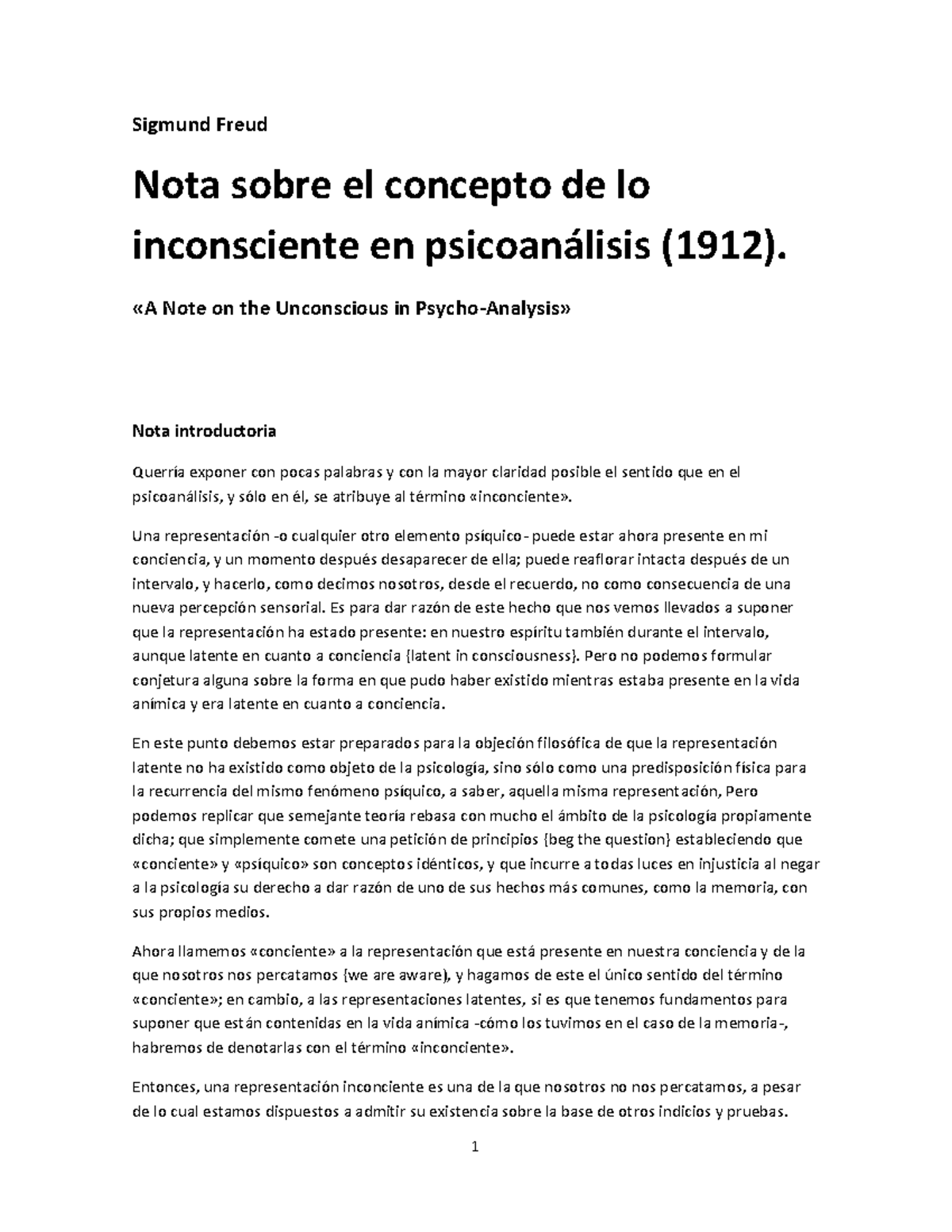 Freud Notas sobre el inconciente - Sigmund Freud Nota sobre el concepto ...