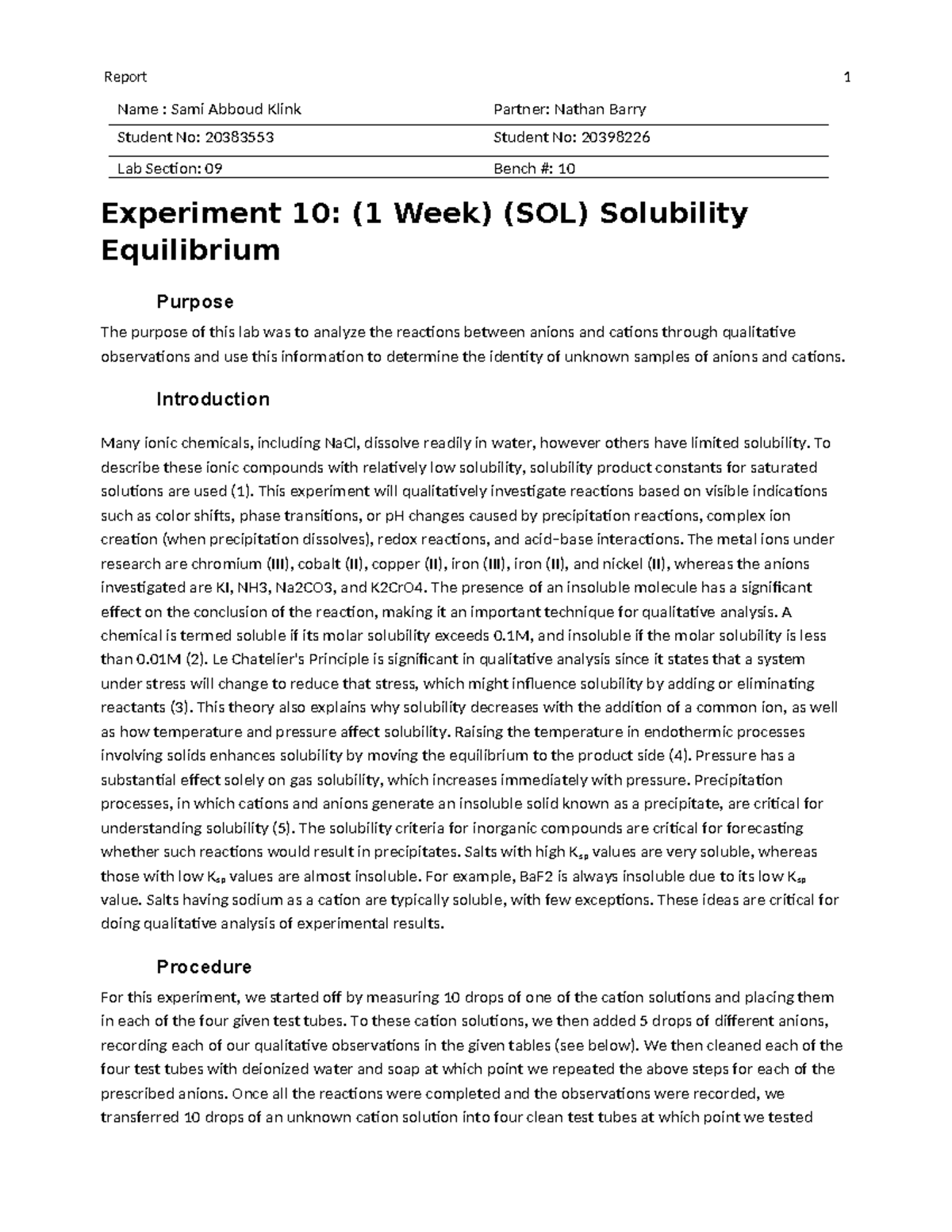 Solubility Equilibrium Lab Report Name Sami Abboud Klink Partner