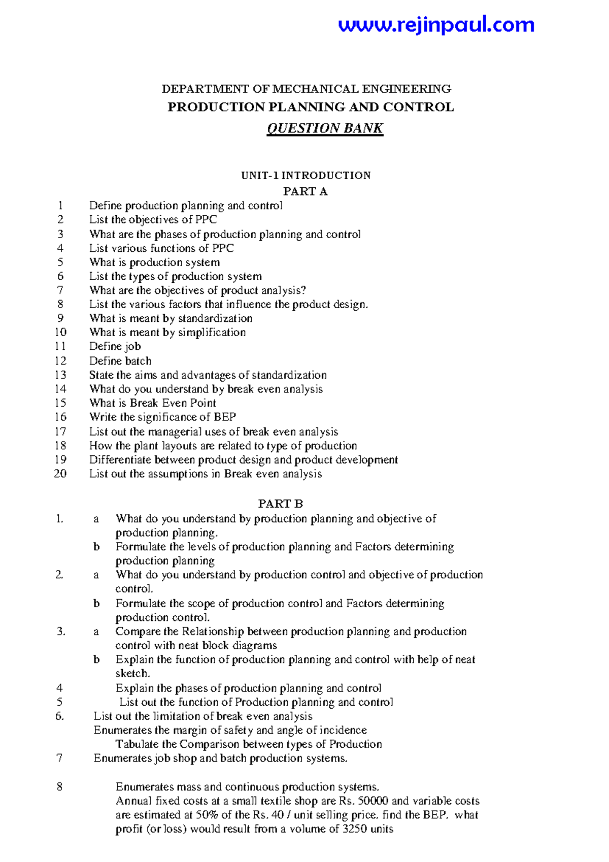 PPC Question Bank - DEPARTMENT OF MECHANICAL ENGINEERING PRODUCTION ...