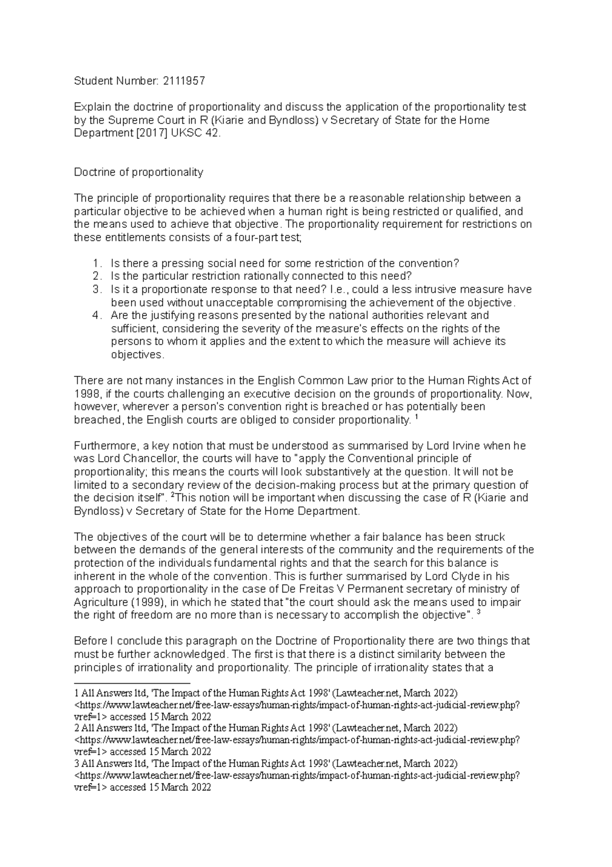 Human rights essay - Student Number: 2111957 Explain the doctrine of ...