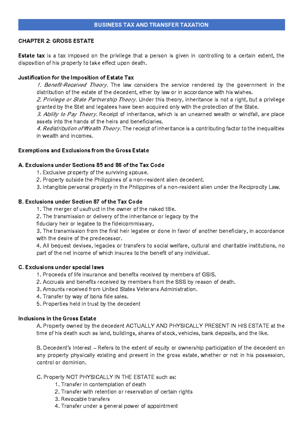 Chapter 2 Gross Estate BUSINESS TAX AND TRANSFER TAXATION CHAPTER 2 GROSS ESTATE Estate tax