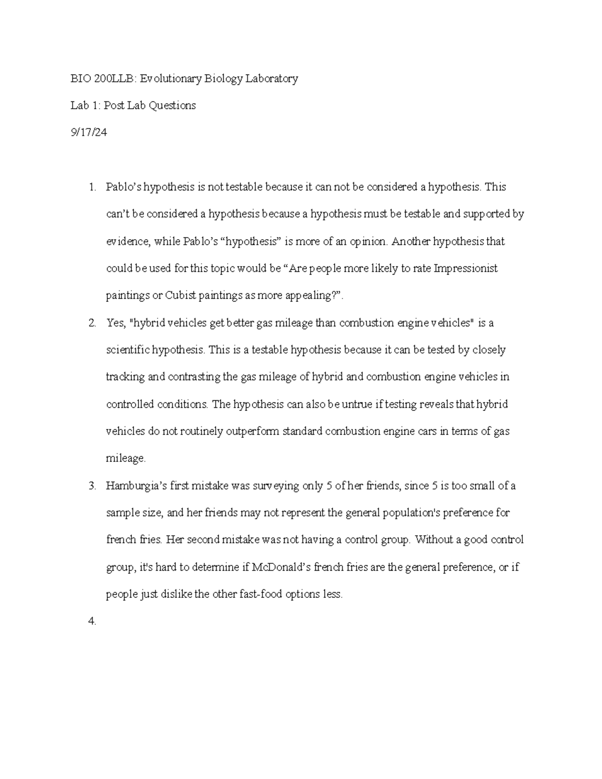 Post Lab 1 - not full info - BIO 200LLB: Evolutionary Biology ...