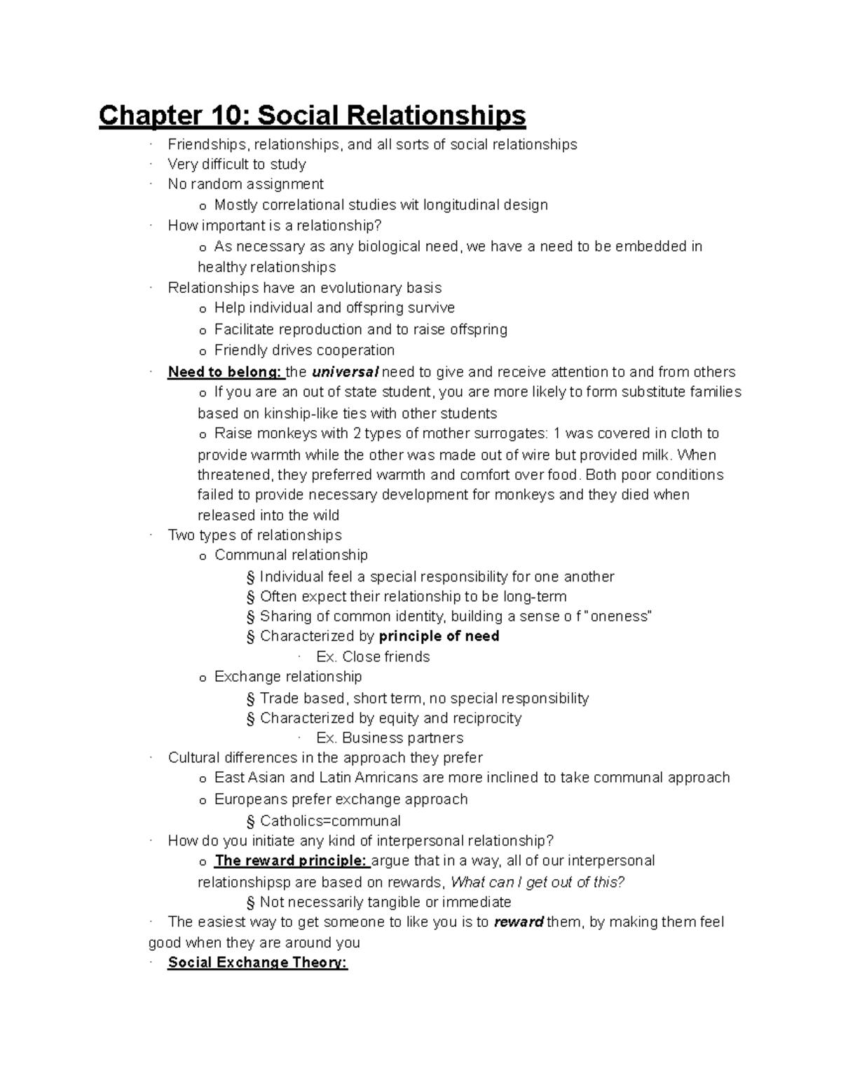 PSYC201 Chapter 10 Social Relationships - Chapter 10: Social ...