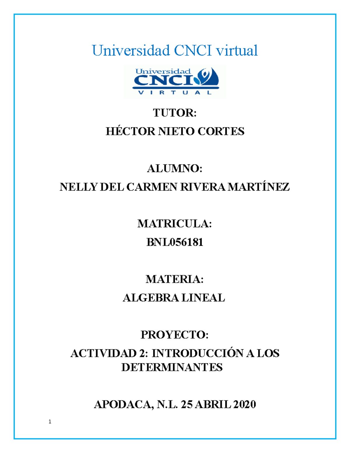 Algebra Lineal Actividad 2 - Universidad CNCI Virtual TUTOR: HÉCTOR ...