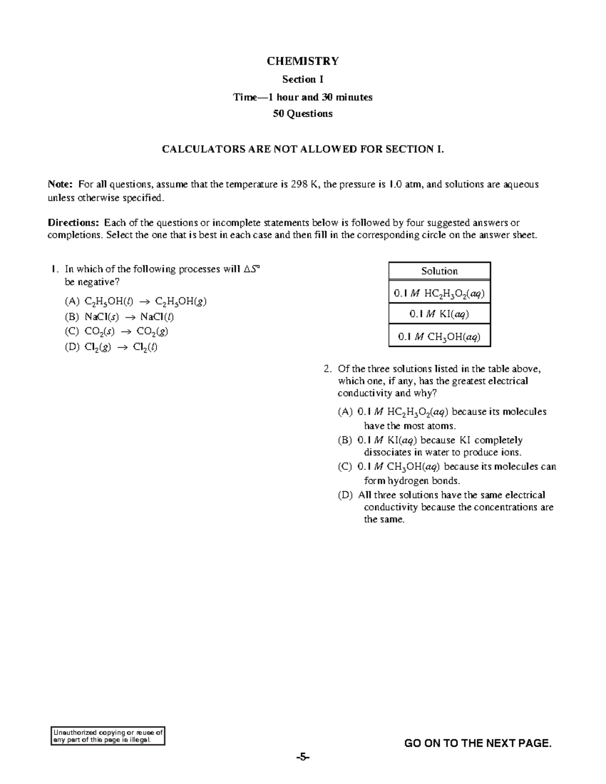 2019 AP Chemistry Practice Exam Synthesis CHEMISTRY Section I Time—1 hour and 30 minutes 5 0