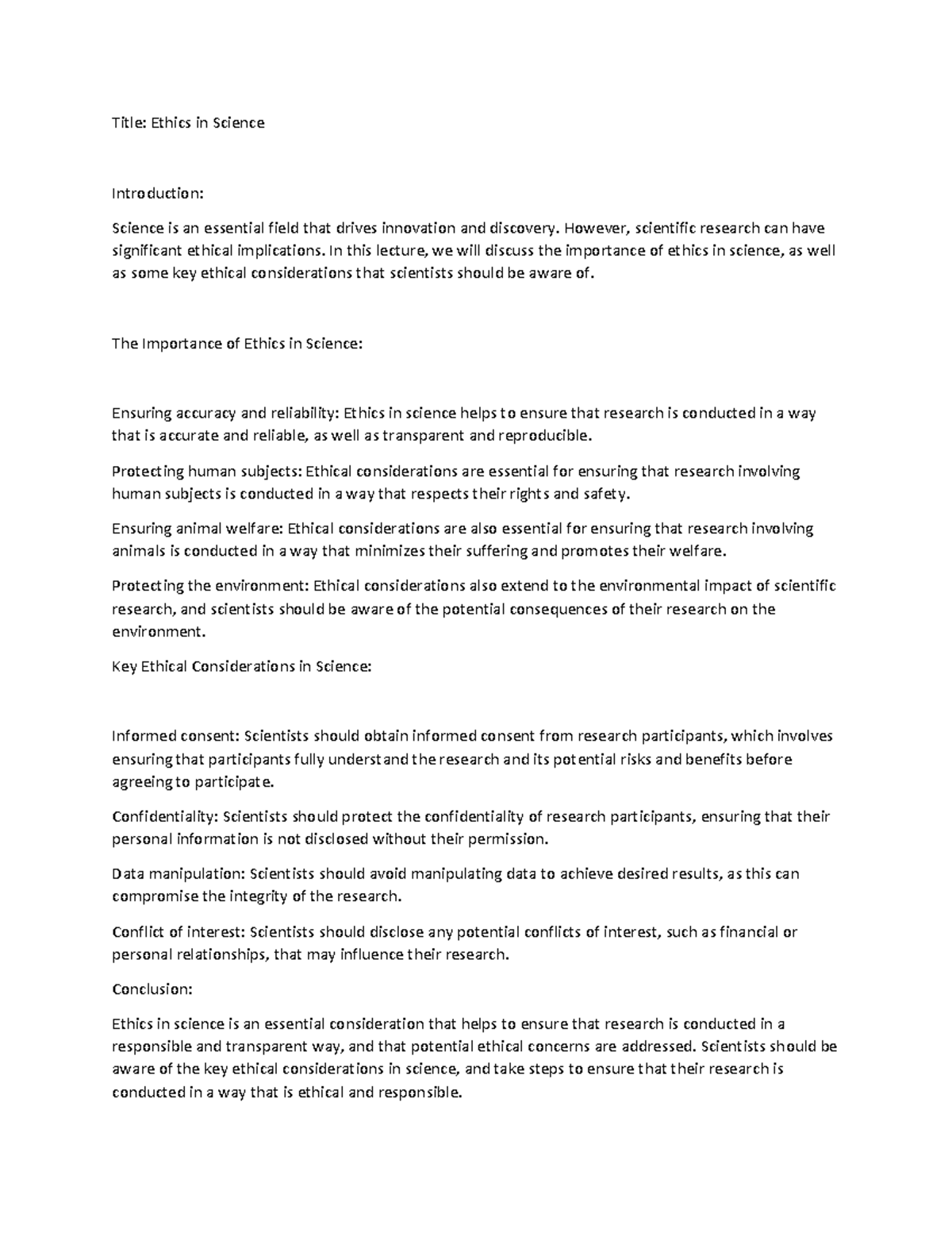 Ethics in Science - Title: Ethics in Science Introduction: Science is ...