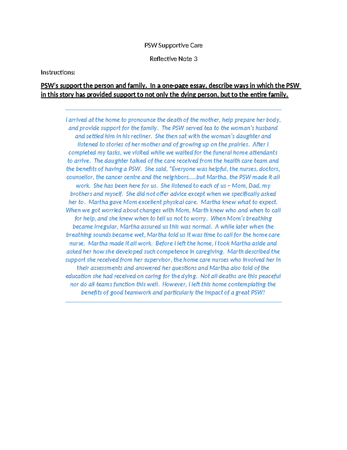 Reflective Note 3 - kkiiho - PSW Supportive Care Reflective Note 3 ...