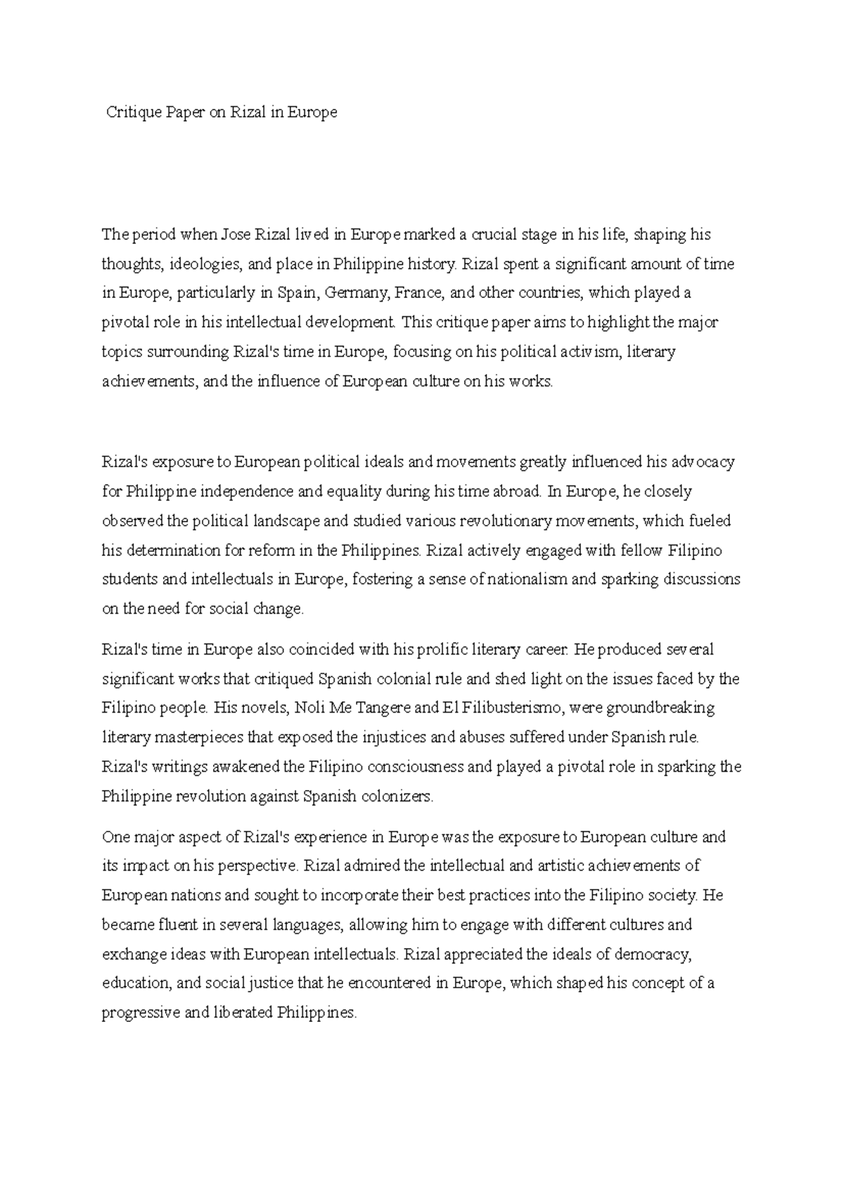 Critique Paper on Rizal in Europe - Rizal spent a significant amount of ...