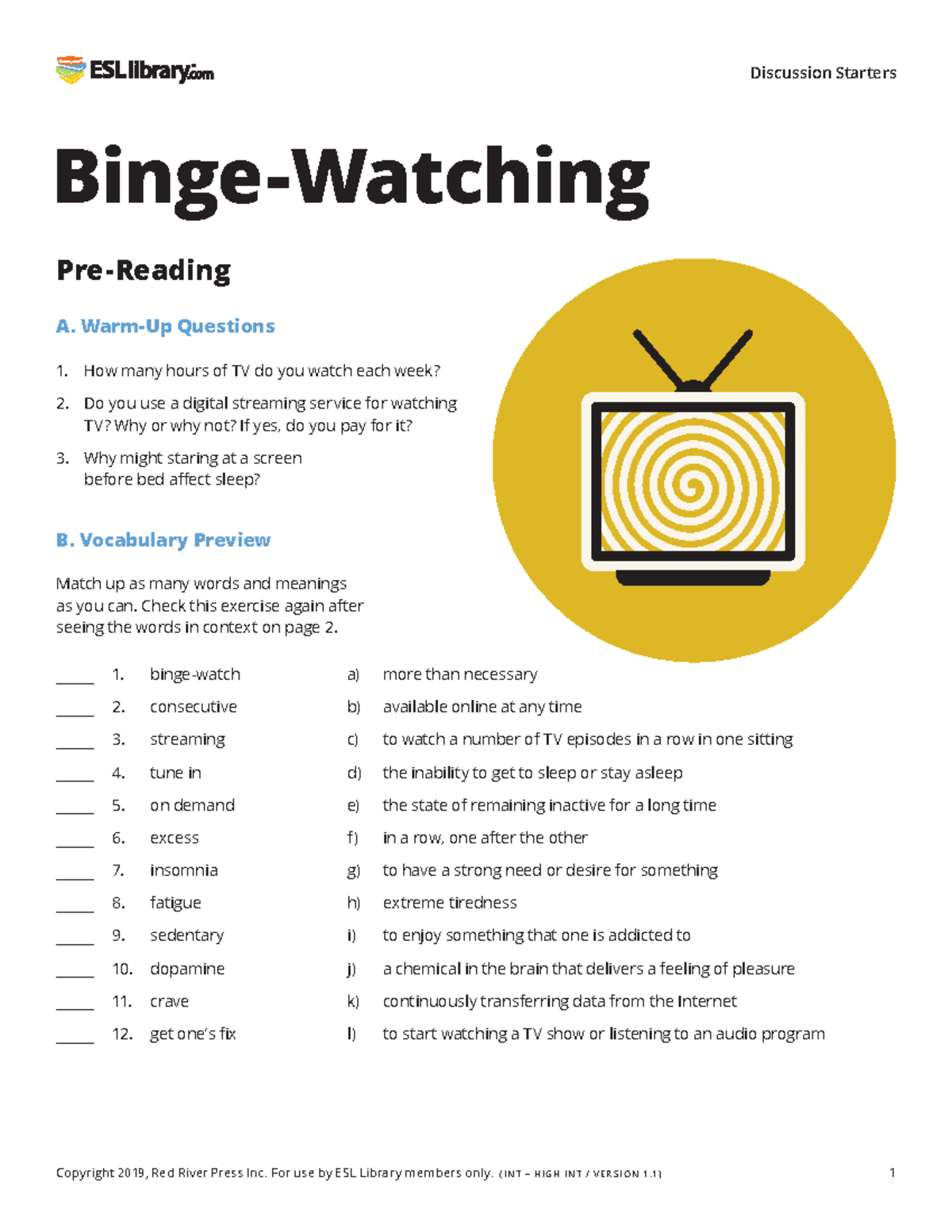 72 Binge-Watching Can Student - Discussion Starters B. Vocabulary ...