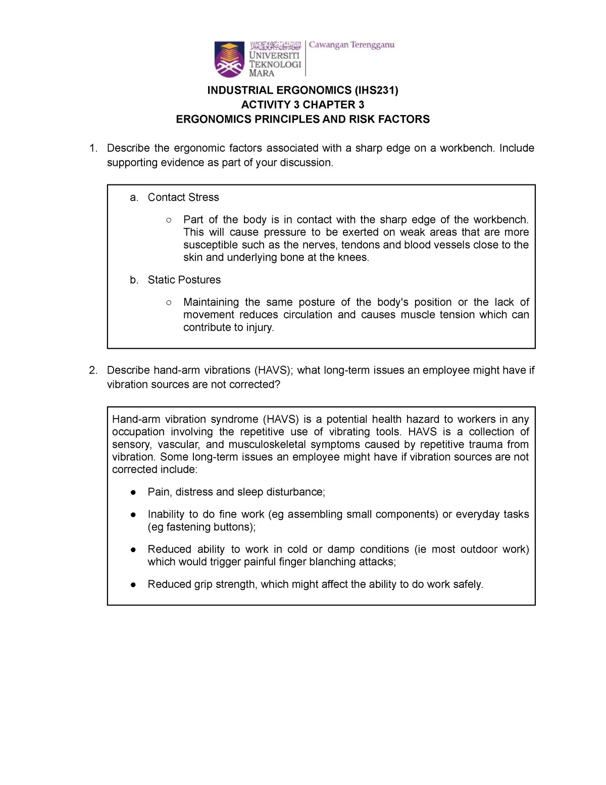 Ergonomics Principles And Risk Factors Industrial Ergonomics Ihs231 Activity 3 Chapter 3 9108