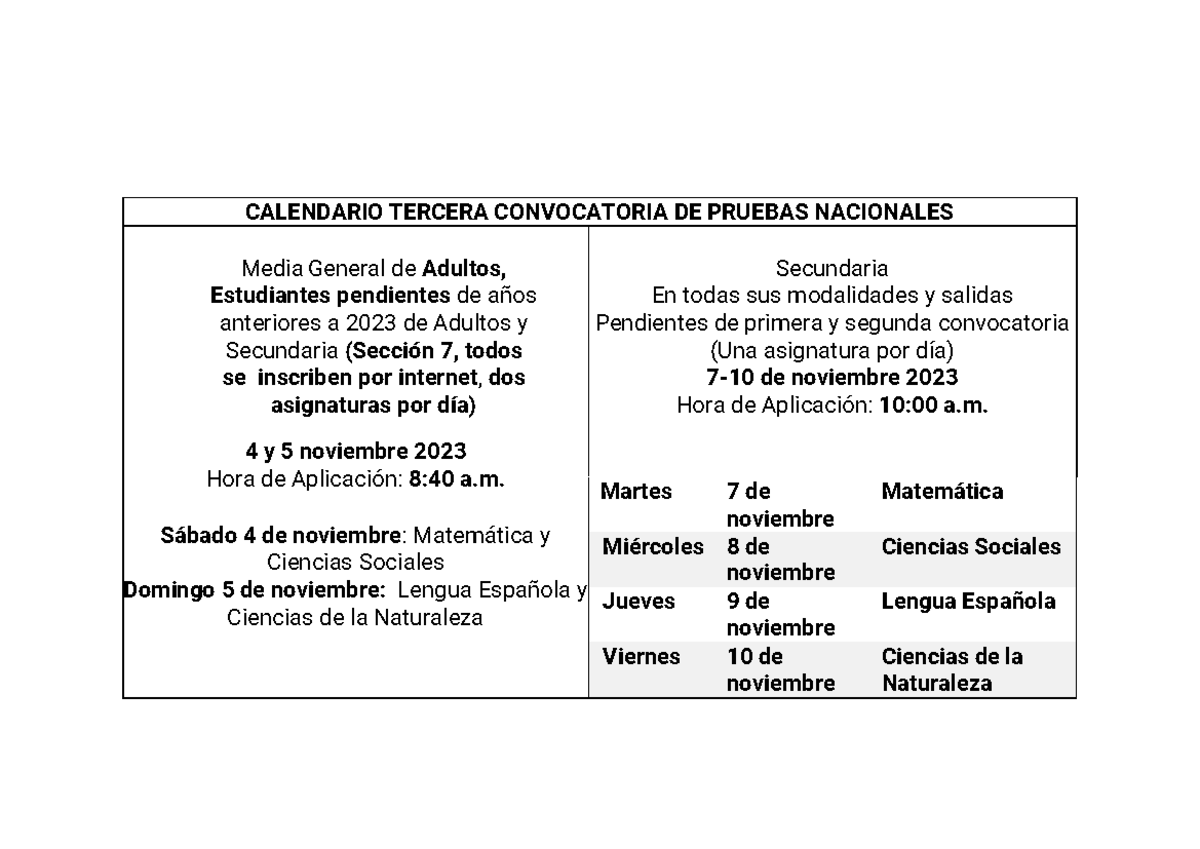 Calendario Tercera Convocatoria Pruebas Nacionales CALENDARIO TERCERA