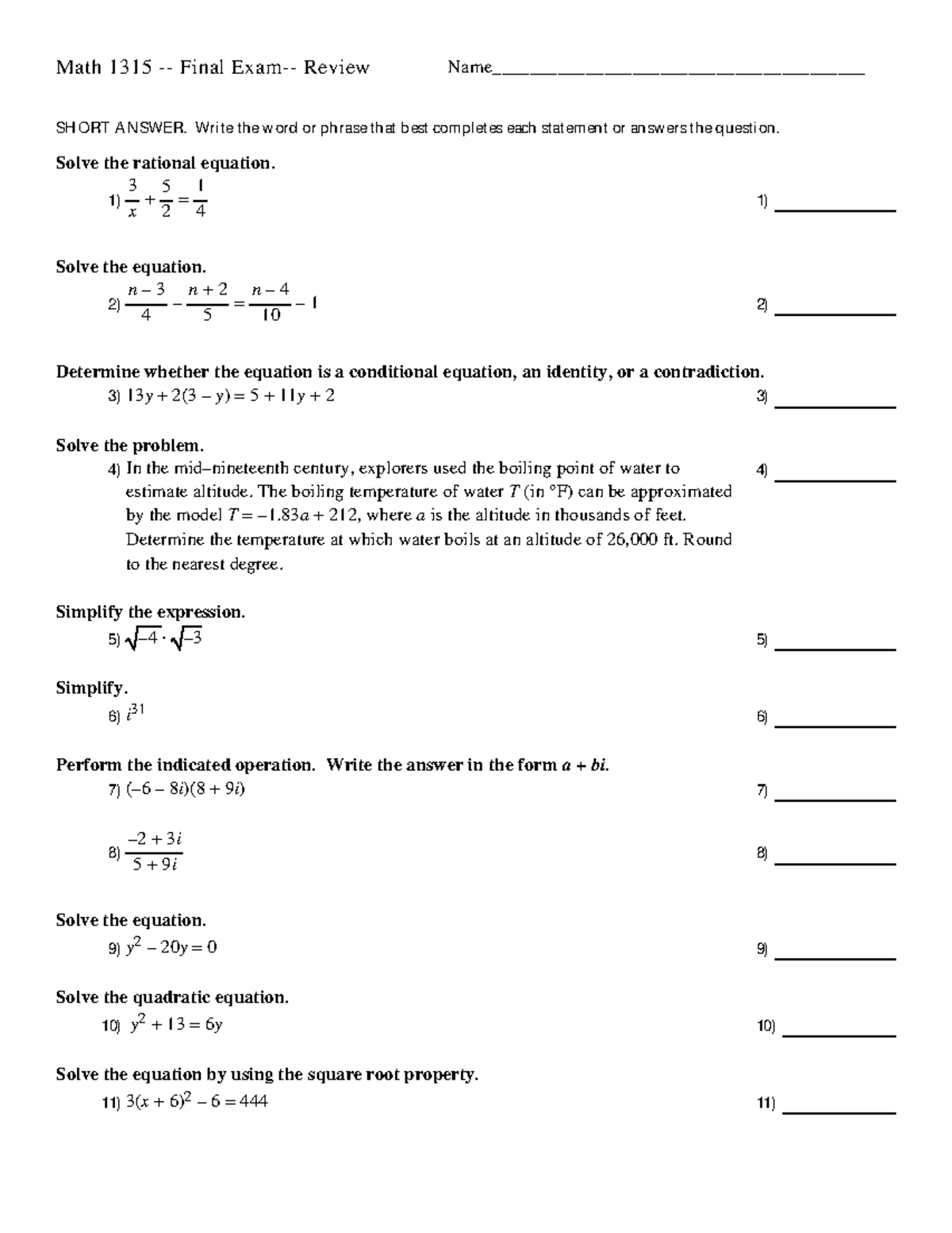 Final exam review - Math 1315 - Final Exam- Review Name