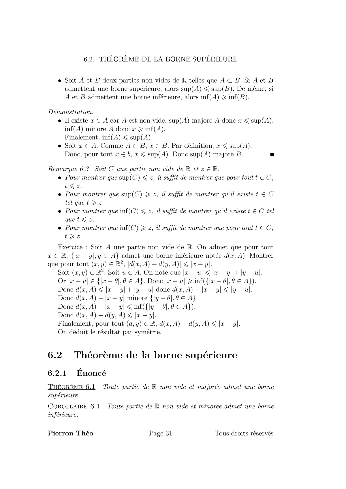 Maths Mpsi-17 - 6. THÉORÈME DE LA BORNE SUPÉRIEURE Soit A Et B Deux ...