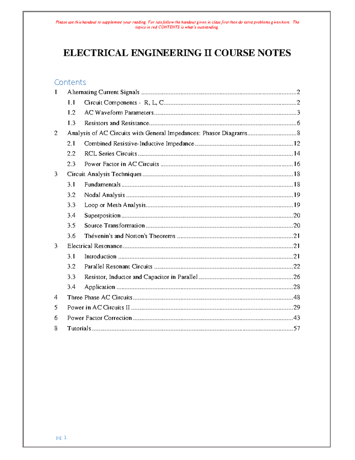 Elect Eng II Shortened Notes - 2020 06 13 - topics in red CONTENTS is ...