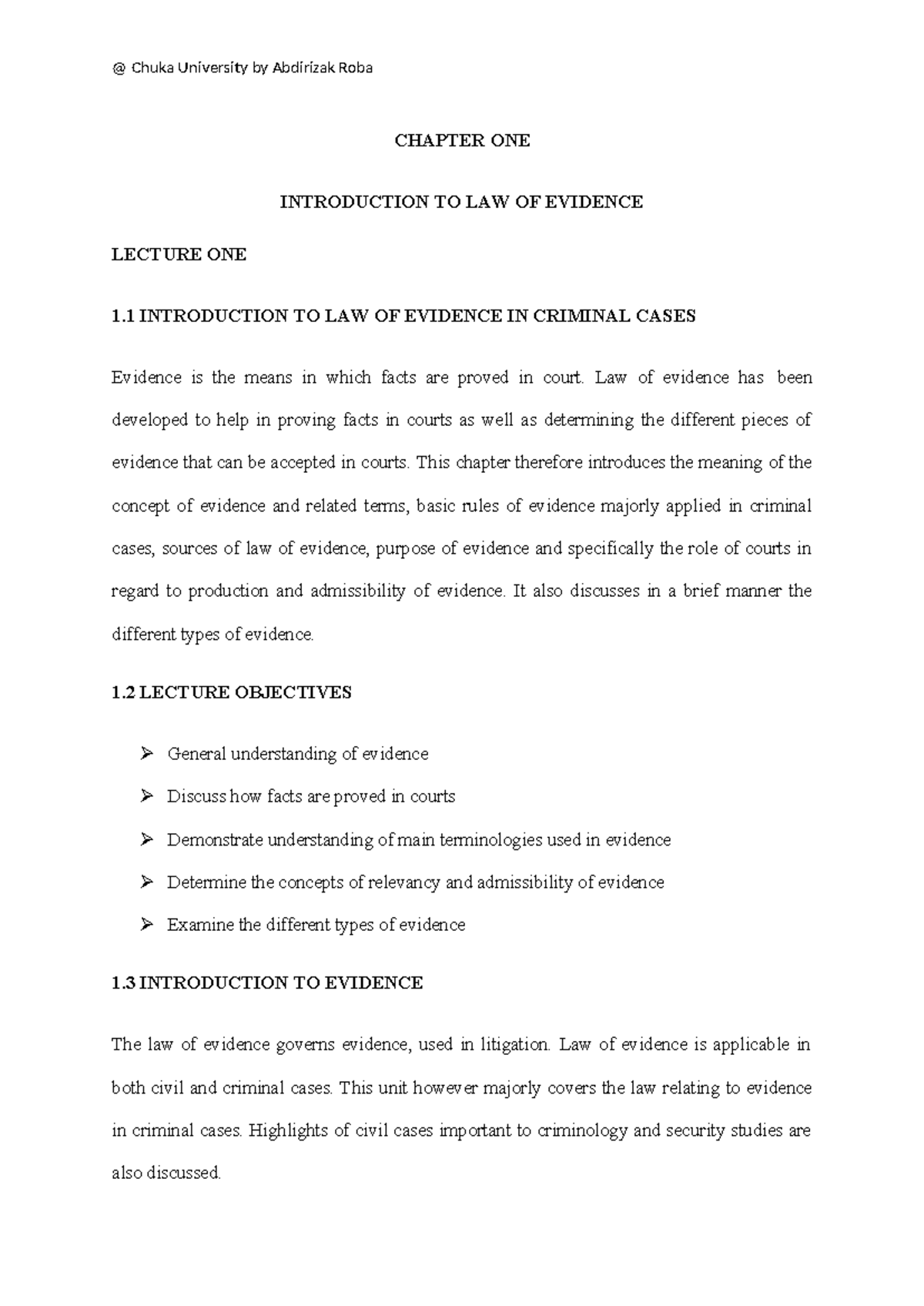 LAW OF Evidence Notes - CHAPTER ONE INTRODUCTION TO LAW OF EVIDENCE ...
