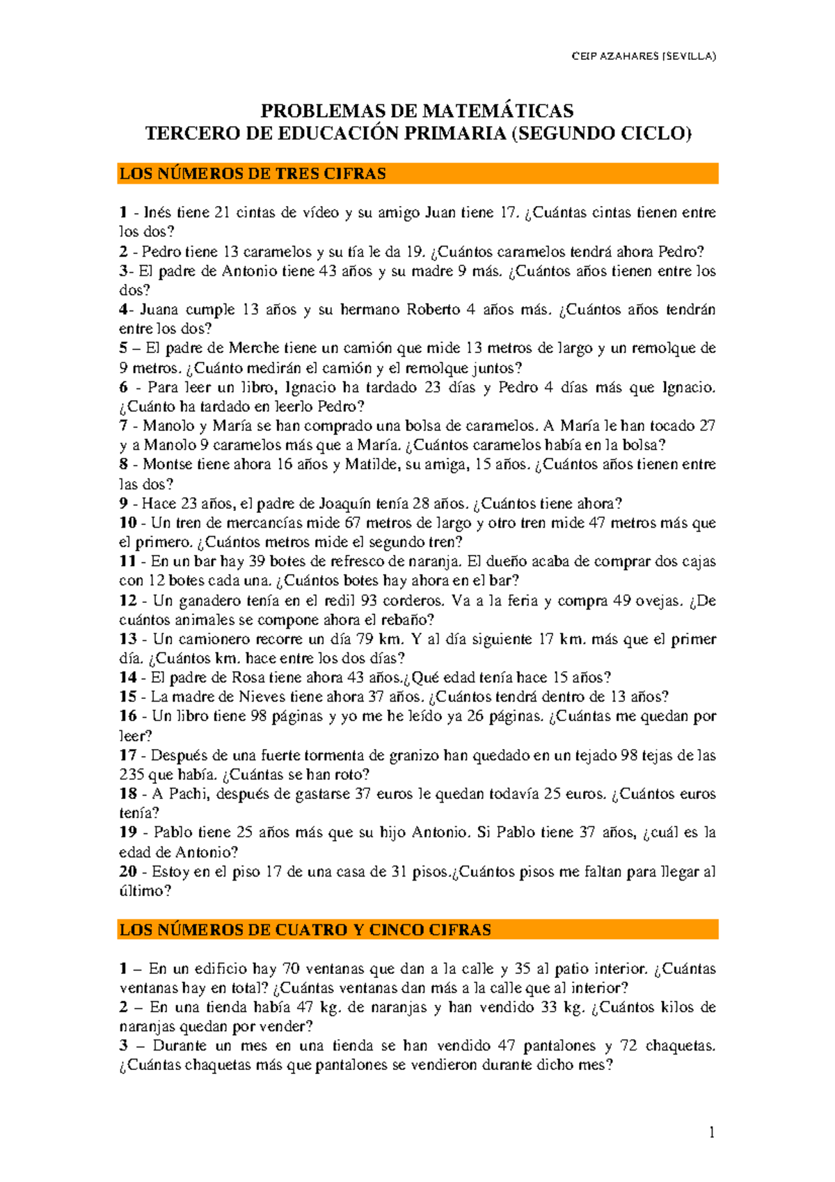 Problemas de matematicas tercero ed primaria - PROBLEMAS DE MATEMÁTICAS ...