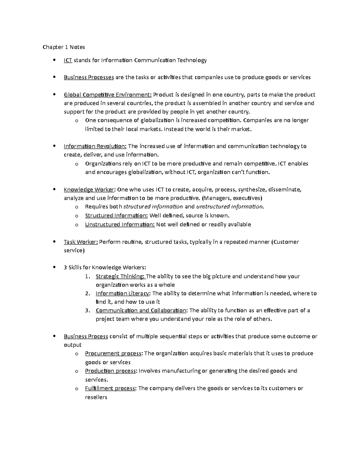 Business Process MGT Notes - Chapter 1 Notes ICT stands for Information ...