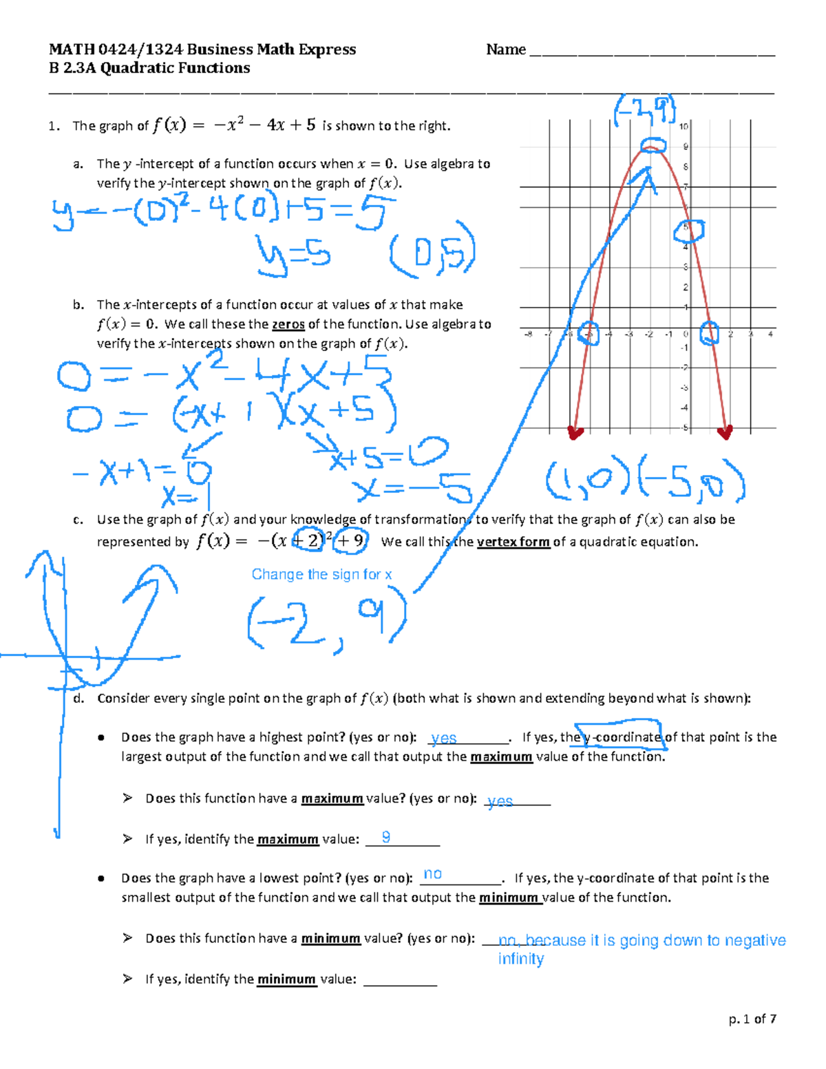 Quadratic Functions - MATH 0424/1324 Business Math Express Name - Studocu