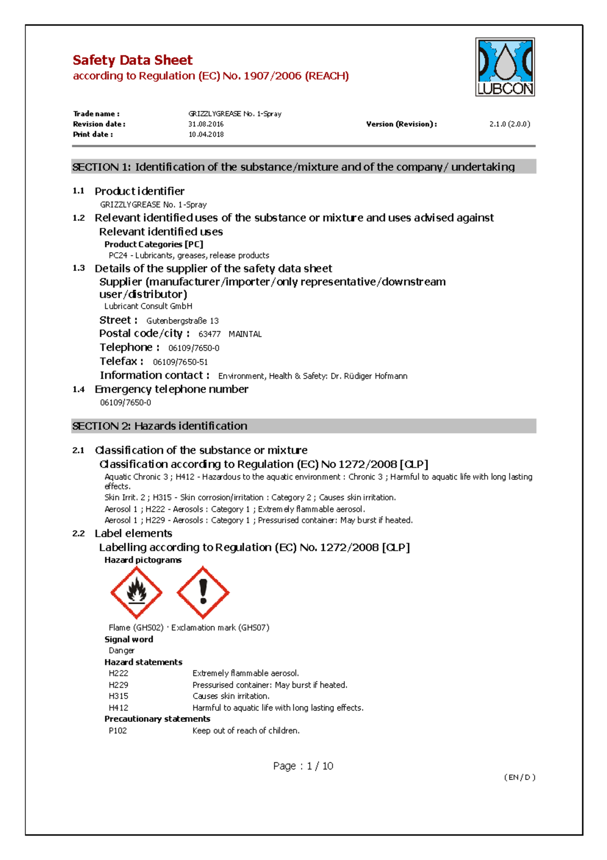 HDS Grizzlygrease No. 1 Spray - according to Regulation (EC) No. 1907/ ...