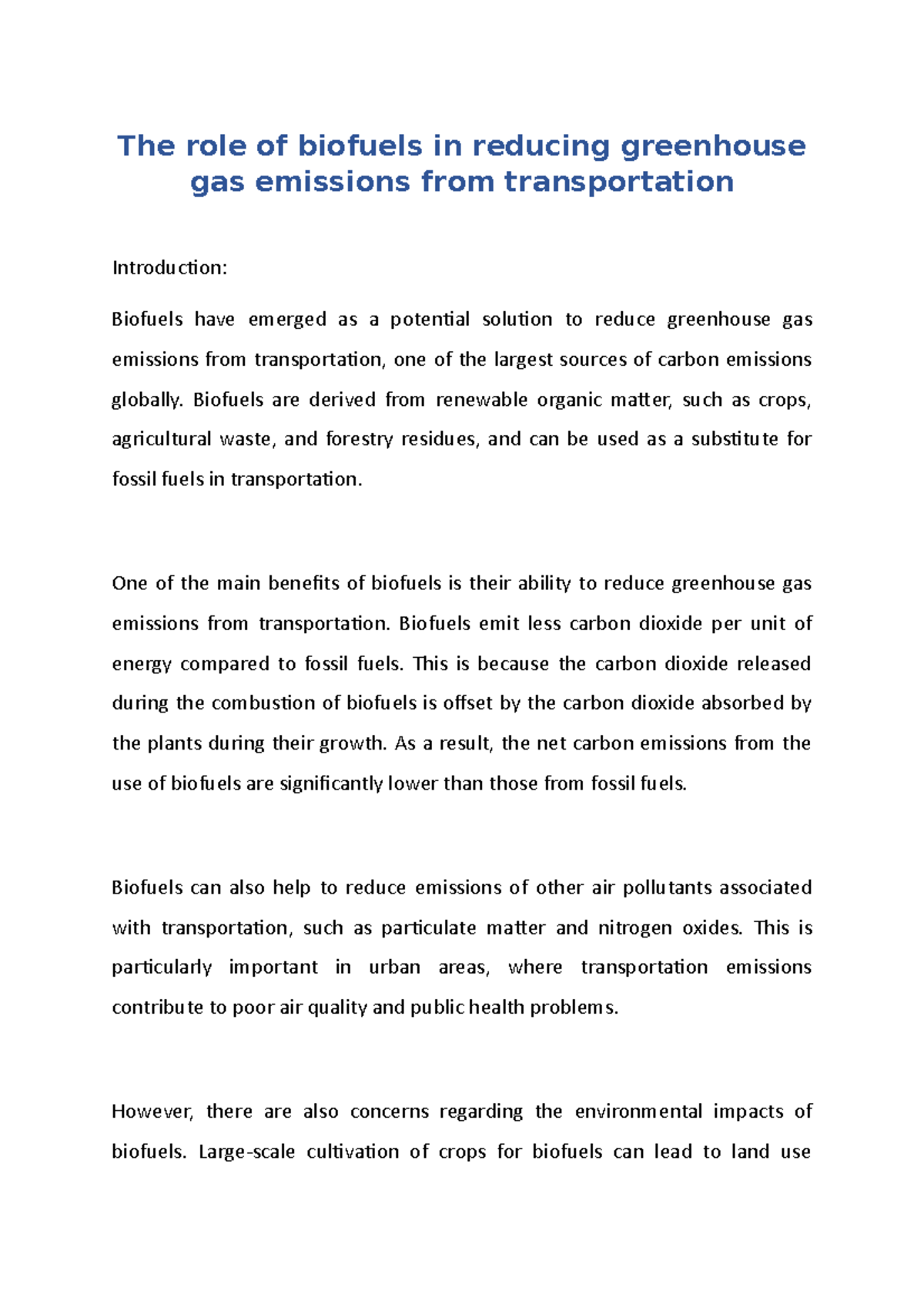 The role of biofuels in reducing greenhouse gas emissions from ...