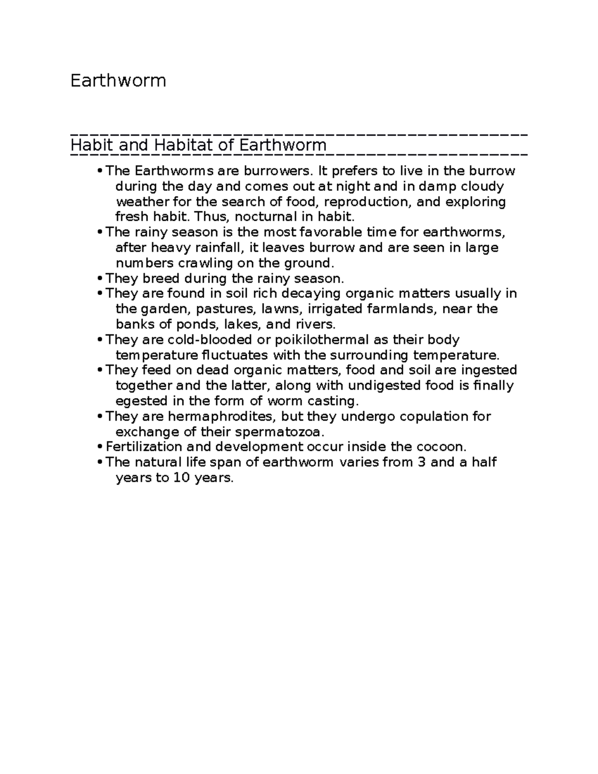 Earthworm - notes - Earthworm Habit and Habitat of Earthworm The ...