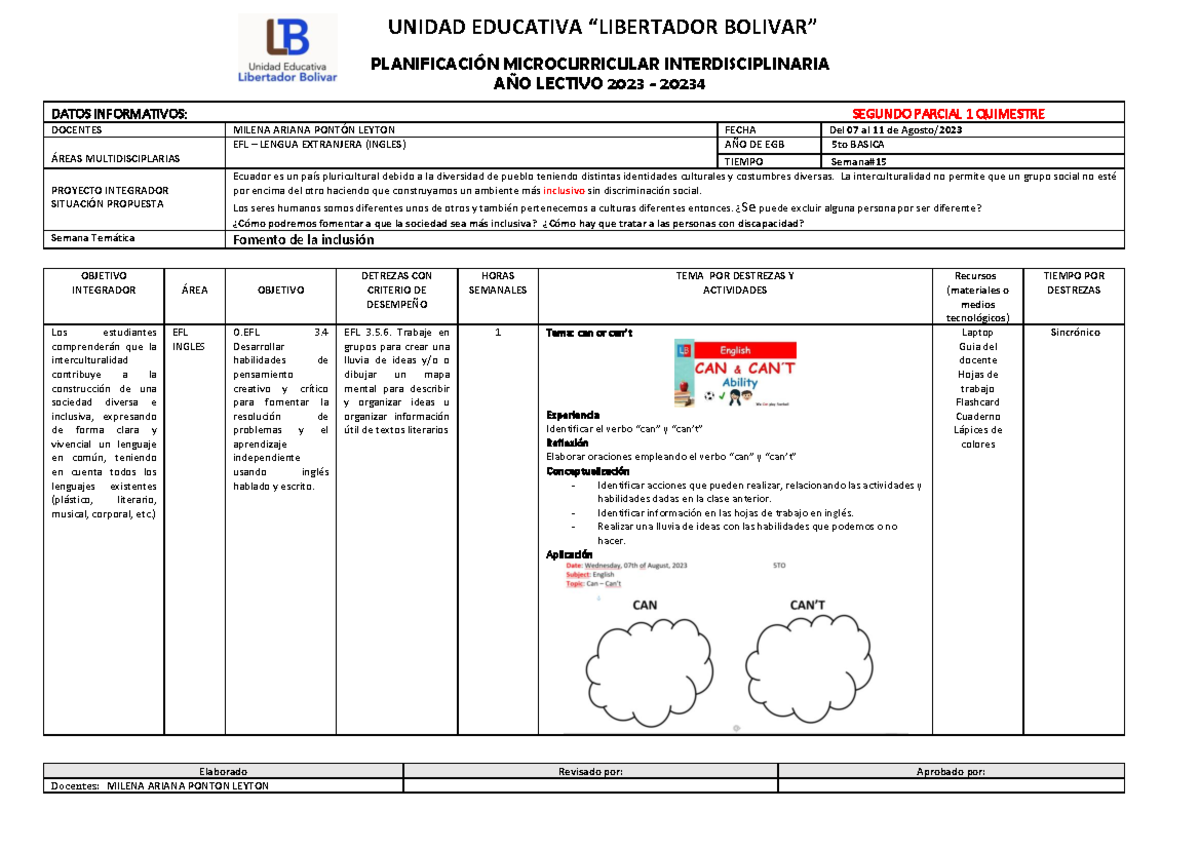 S15 LB - Planificacion Semanal - PLANIFICACI”N MICROCURRICULAR ...