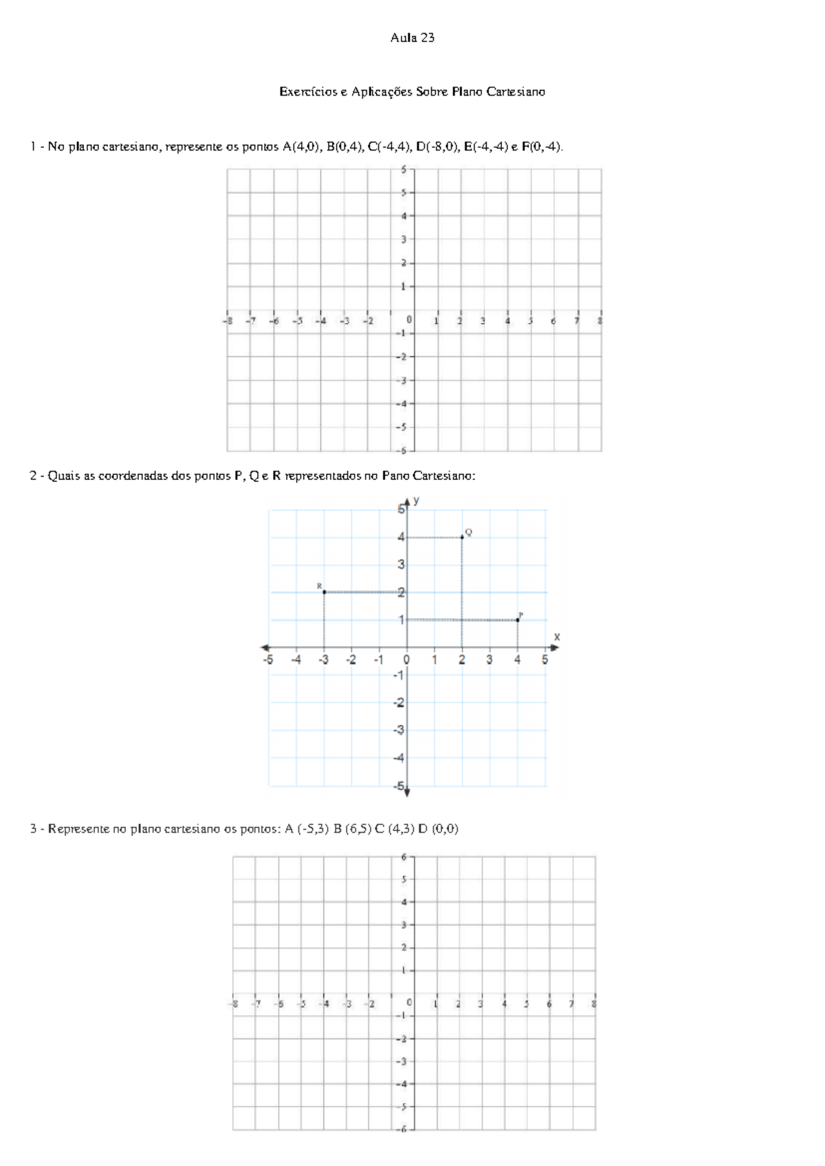 Atividades Plano Cartesiano Aula 23 Exercícios E Aplicações Sobre