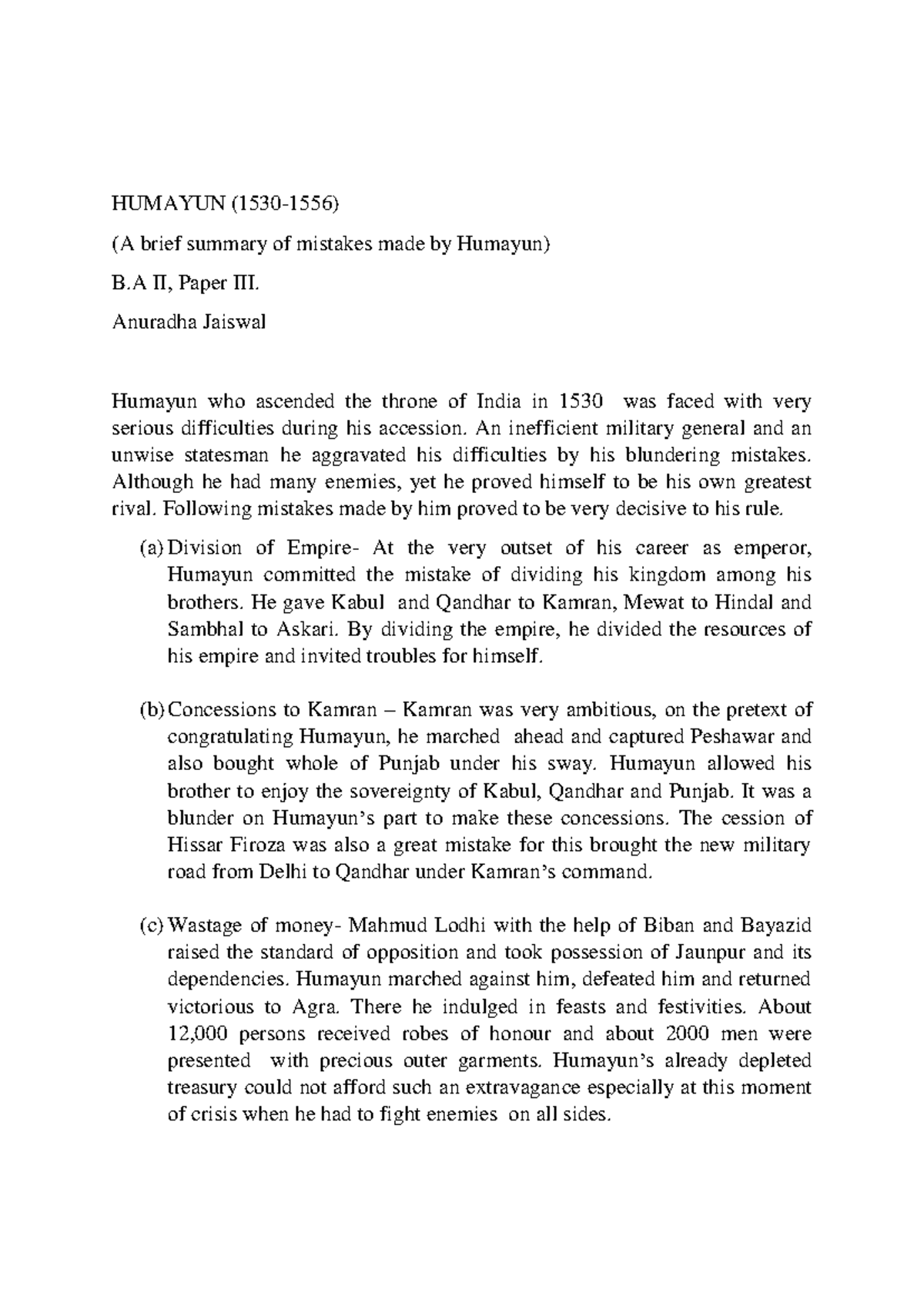 Humayun by Dr. Anuradh Jaiswal - HUMAYUN (1530-1556) (A brief summary ...