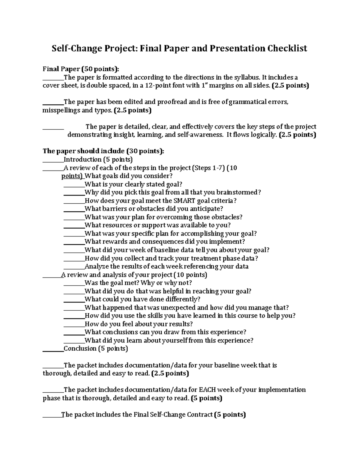 Self-Change Final Checklist - Paper and Presentation 100 points total ...