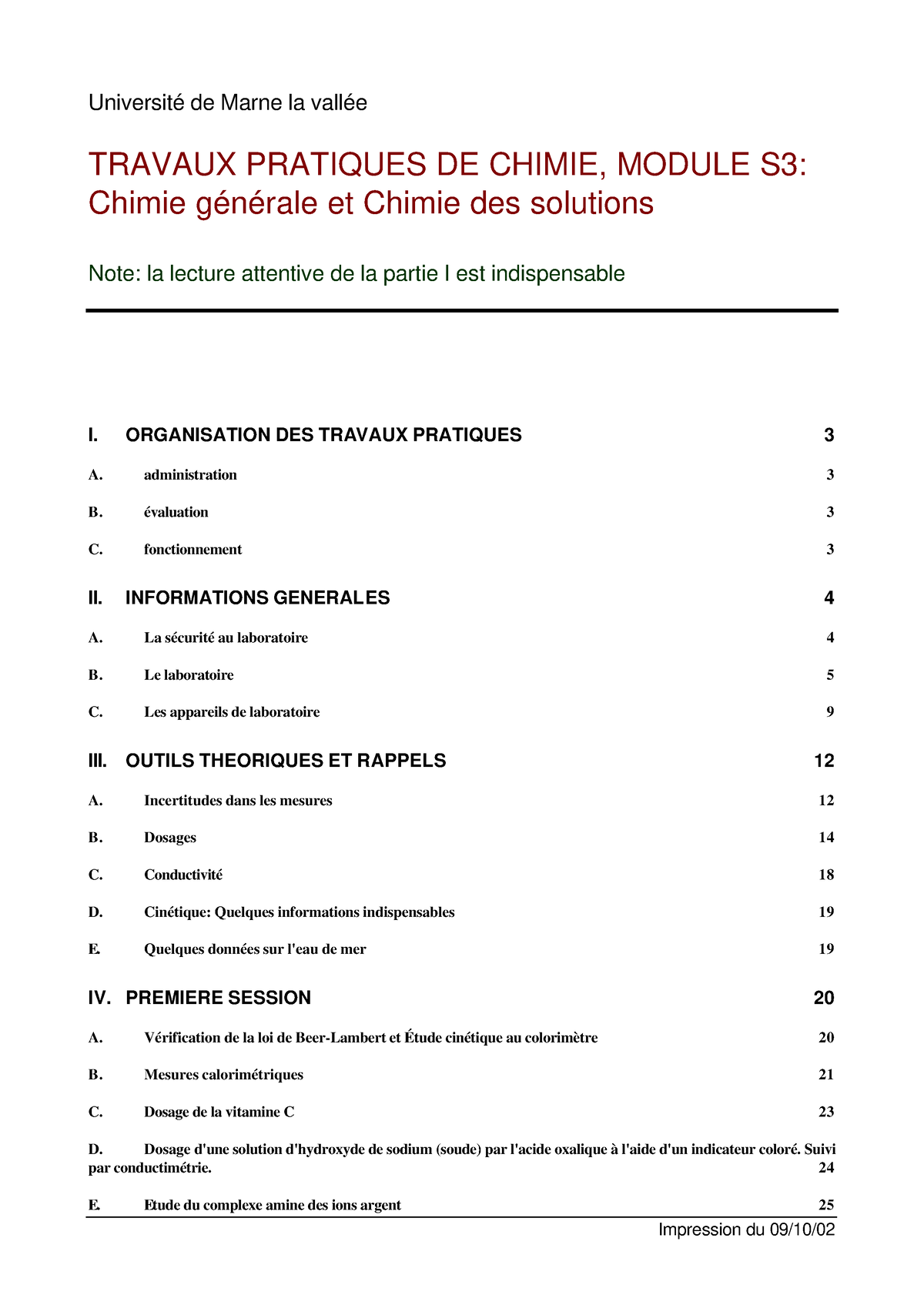 Cours S3 Chimie Experimentale (TP) - Impression Du 09/10/ Université De ...