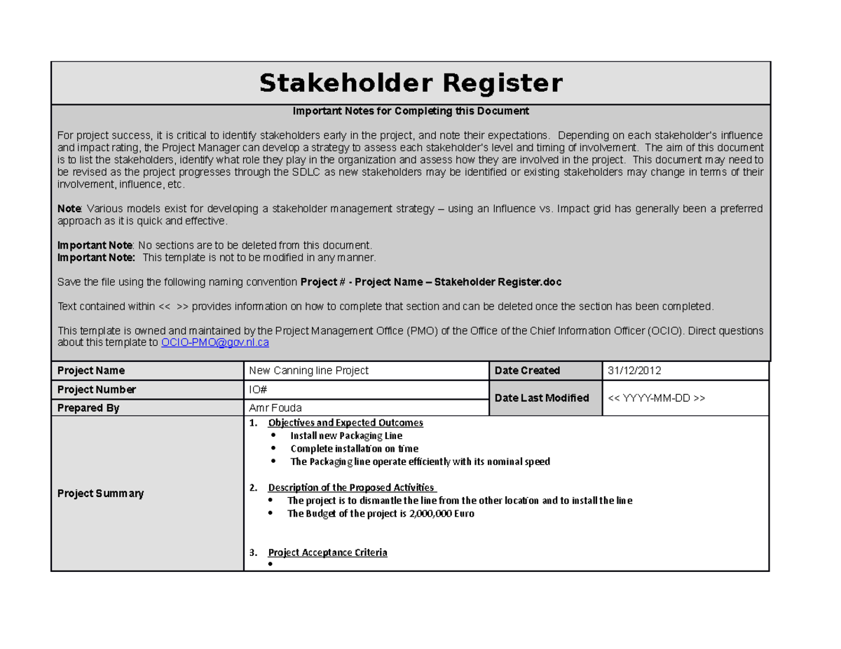project managment - Stakeholder Register Important Notes for Completing ...