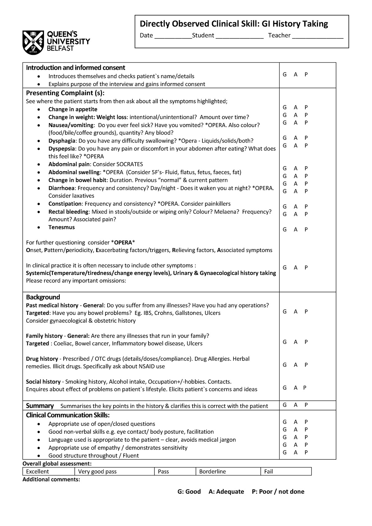 DOCS-Gastrointestinal History Taking - G: Good A: Adequate P: Poor ...