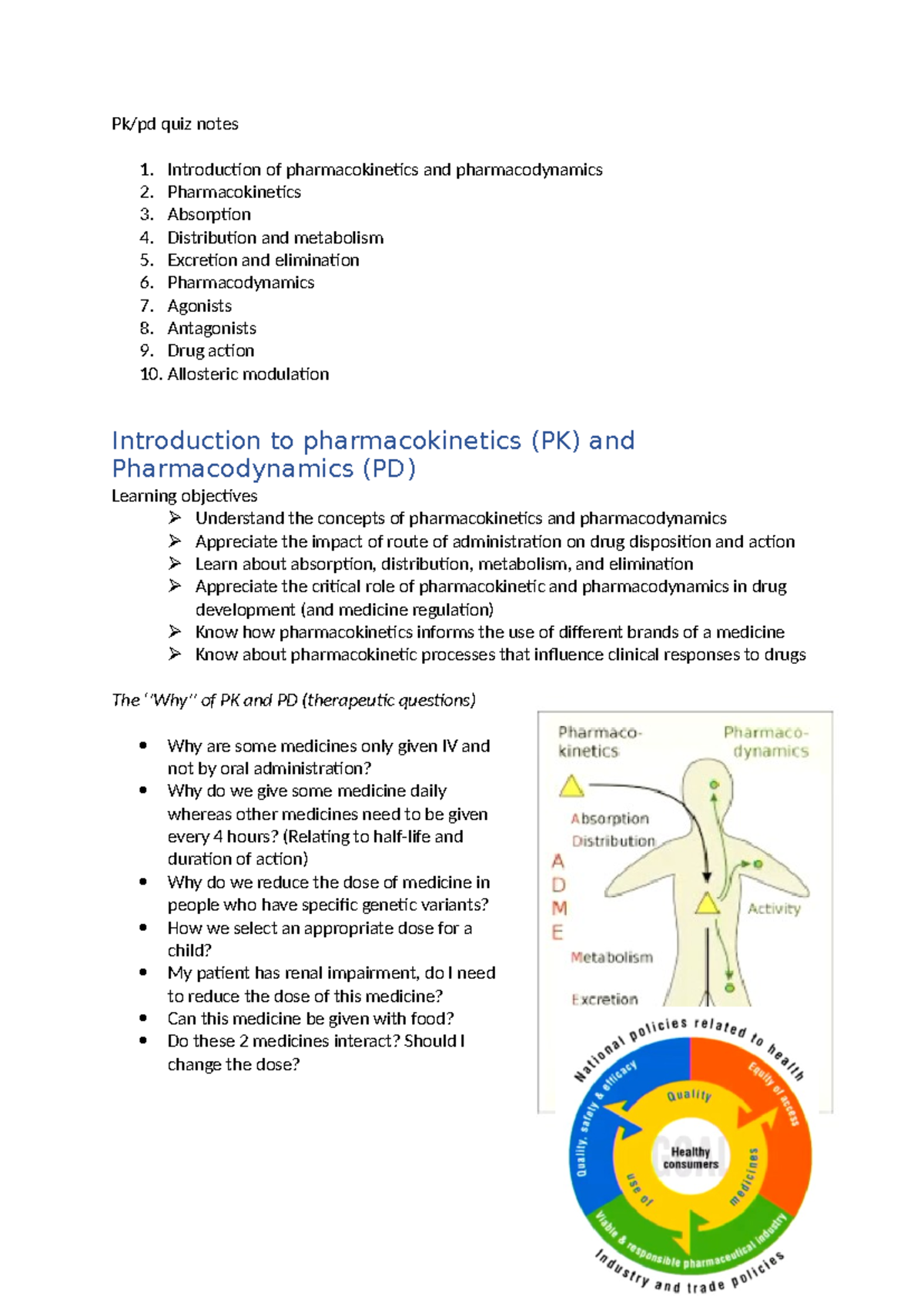 Pk:pd quiz notes - Pk/pd quiz notes 1. Introduction of pharmacokinetics ...