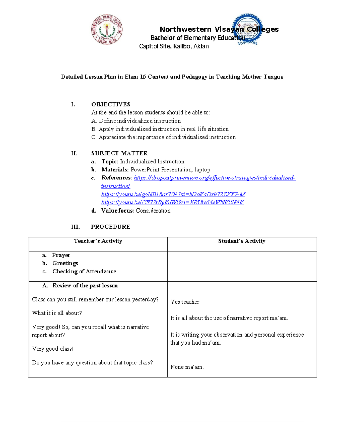 LP in ELEM16-1 - This is a lesson plan for Elem16 - Bachelor of ...