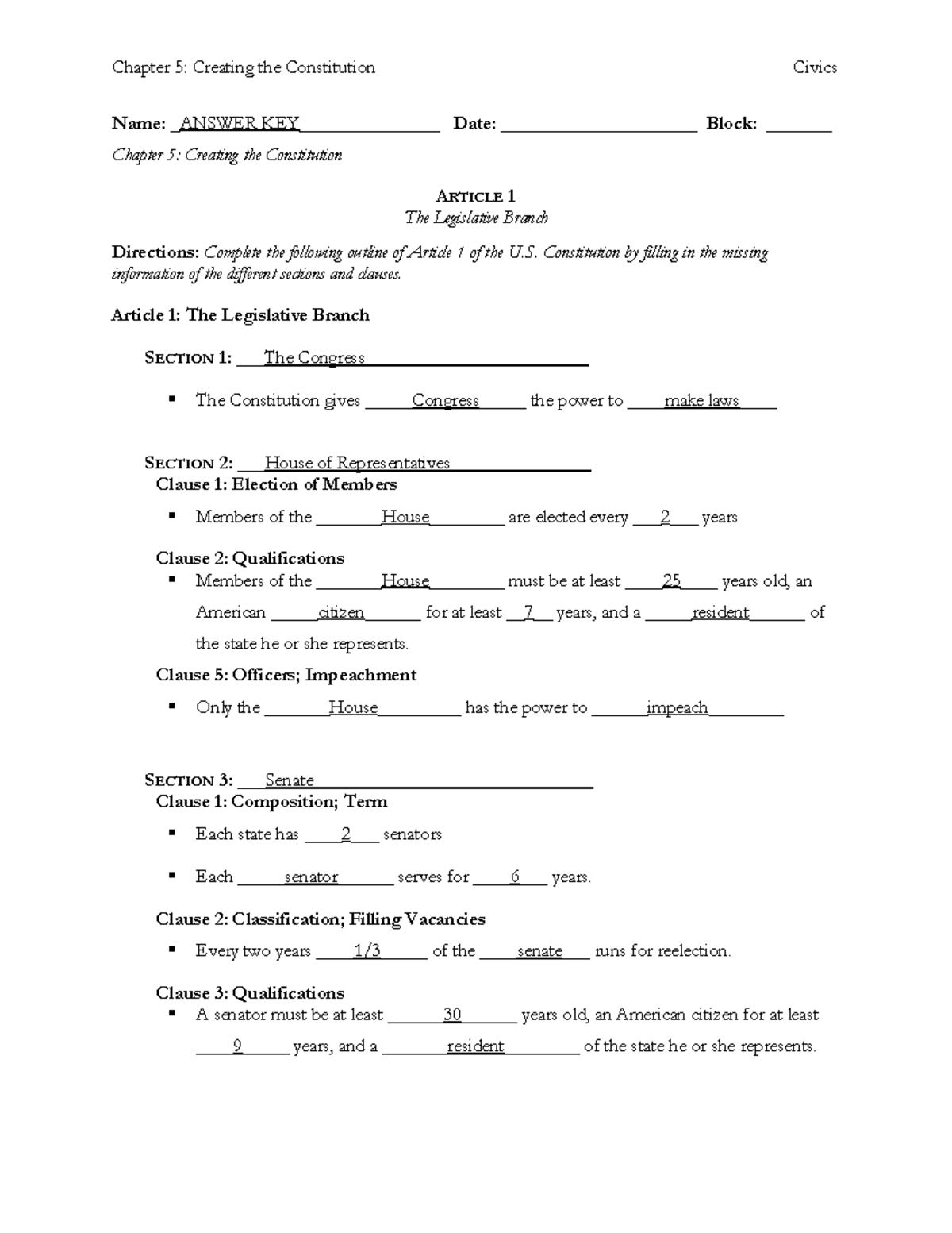 Outline Of The Constitution Worksheet