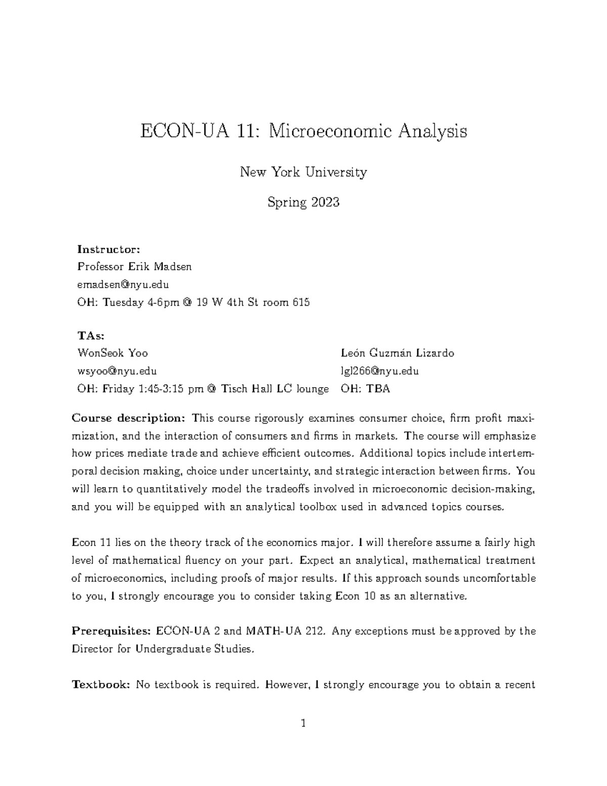 Syllabus - Spring 2023 - ECON-UA 11: Microeconomic Analysis New York ...