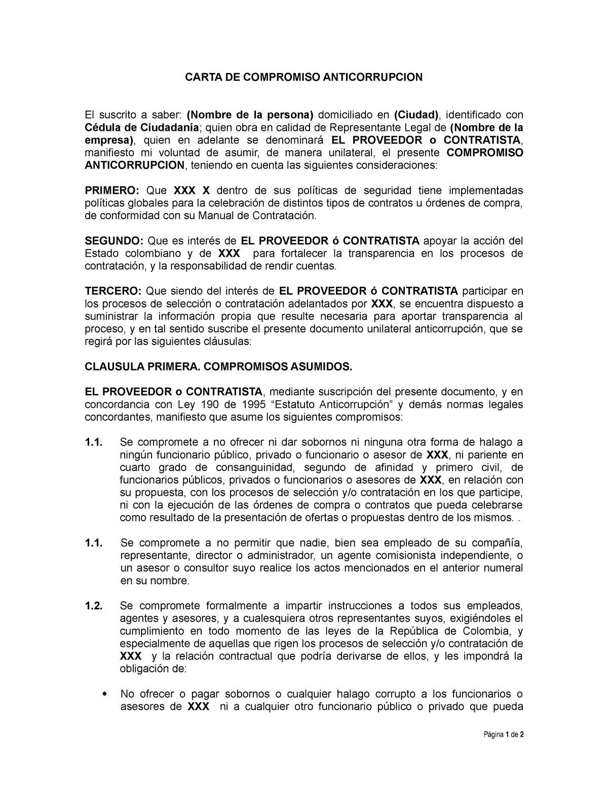 Carta DE Compromiso Anticorrupción - CARTA DE COMPROMISO ANTICORRUPCION El  suscrito a saber: (Nombre - Studocu